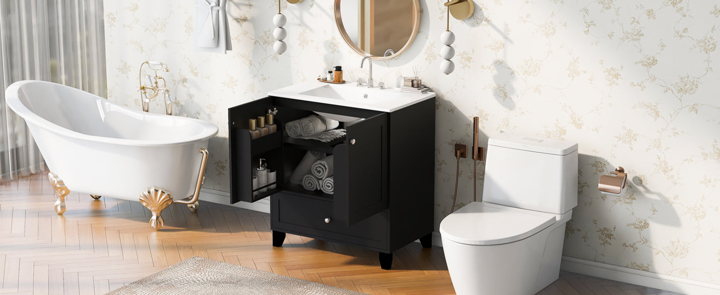 30" Black Bathroom Vanity Set With Ceramic Sink And Large Storage Space Ideal For Small Bathrooms Black Bathroom Solid Wood Mdf
