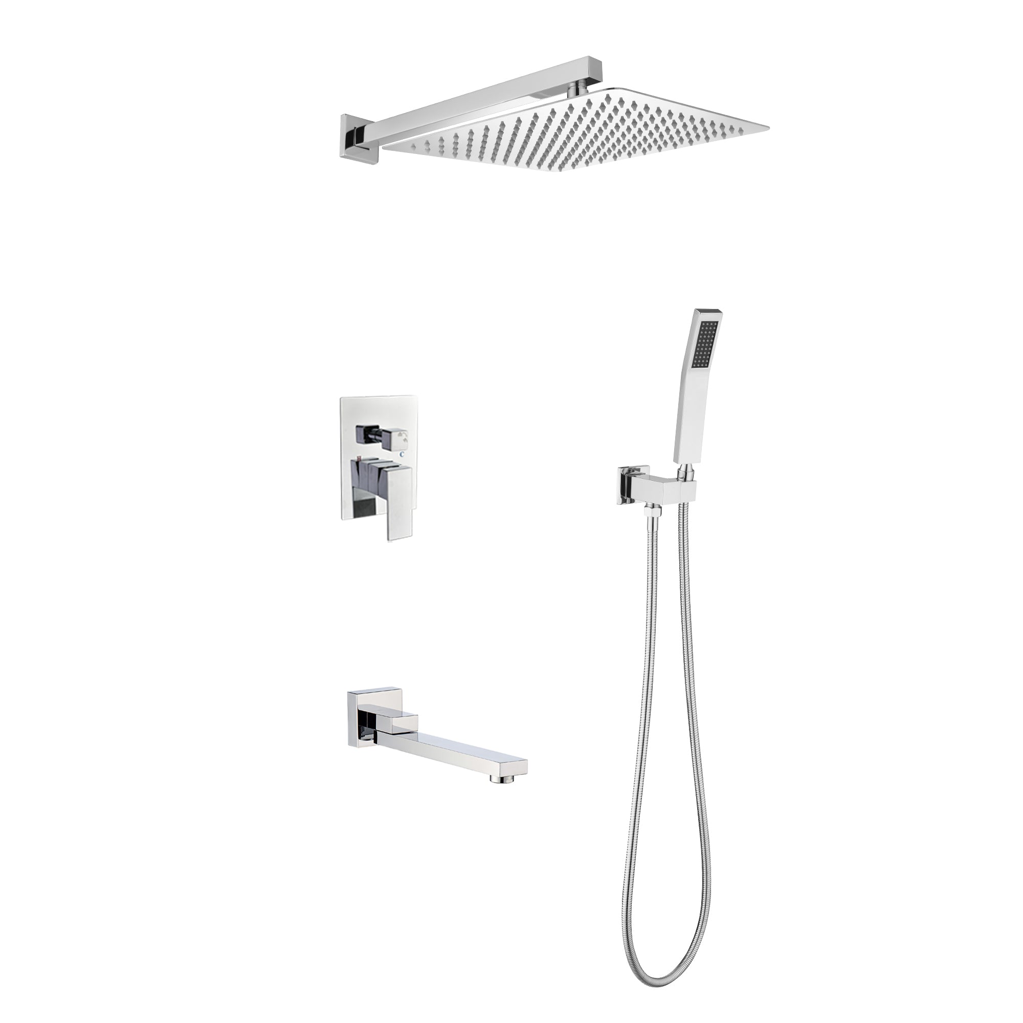 Wall Mounted Shower System Combo With Hand Shower, 12 Inch Shower Head And Tub Spout Chrome Brass