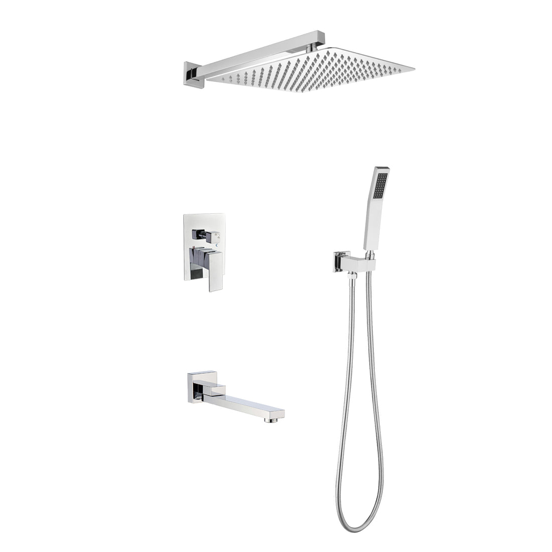 Wall Mounted Shower System Combo With Hand Shower, 12 Inch Shower Head And Tub Spout Chrome Brass