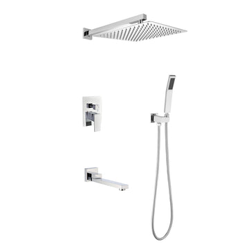 Wall Mounted Shower System Combo With Hand Shower, 12 Inch Shower Head And Tub Spout Chrome Brass