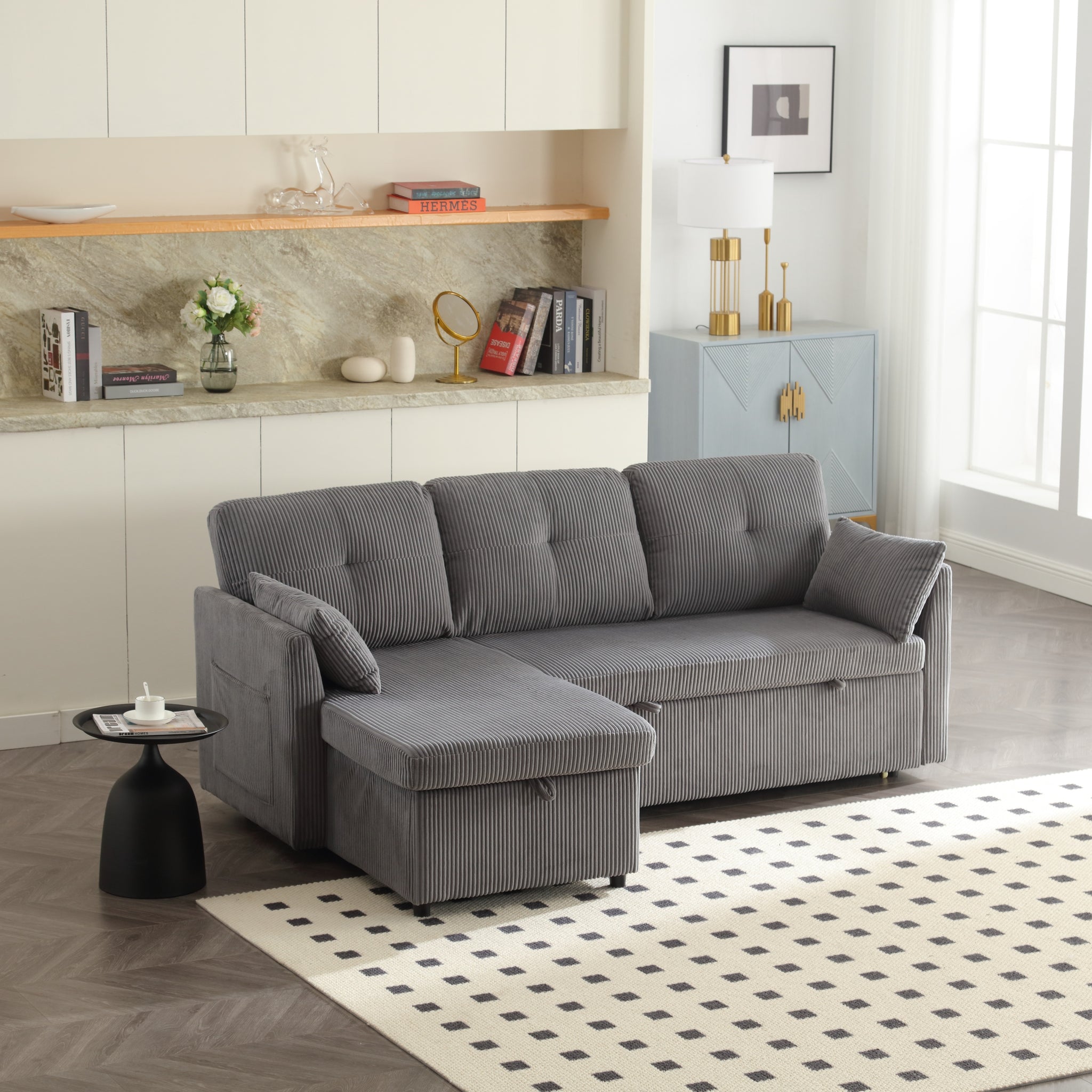 United We Win Furniture, Modular L Shaped Sofa, Modular Long Sofa With Reversible Chaise Lounge, Sofa Bed, Sleeper Sofa, Modular Sofa Combination With Storage Seats. Dark Grey Velvet 4 Seat