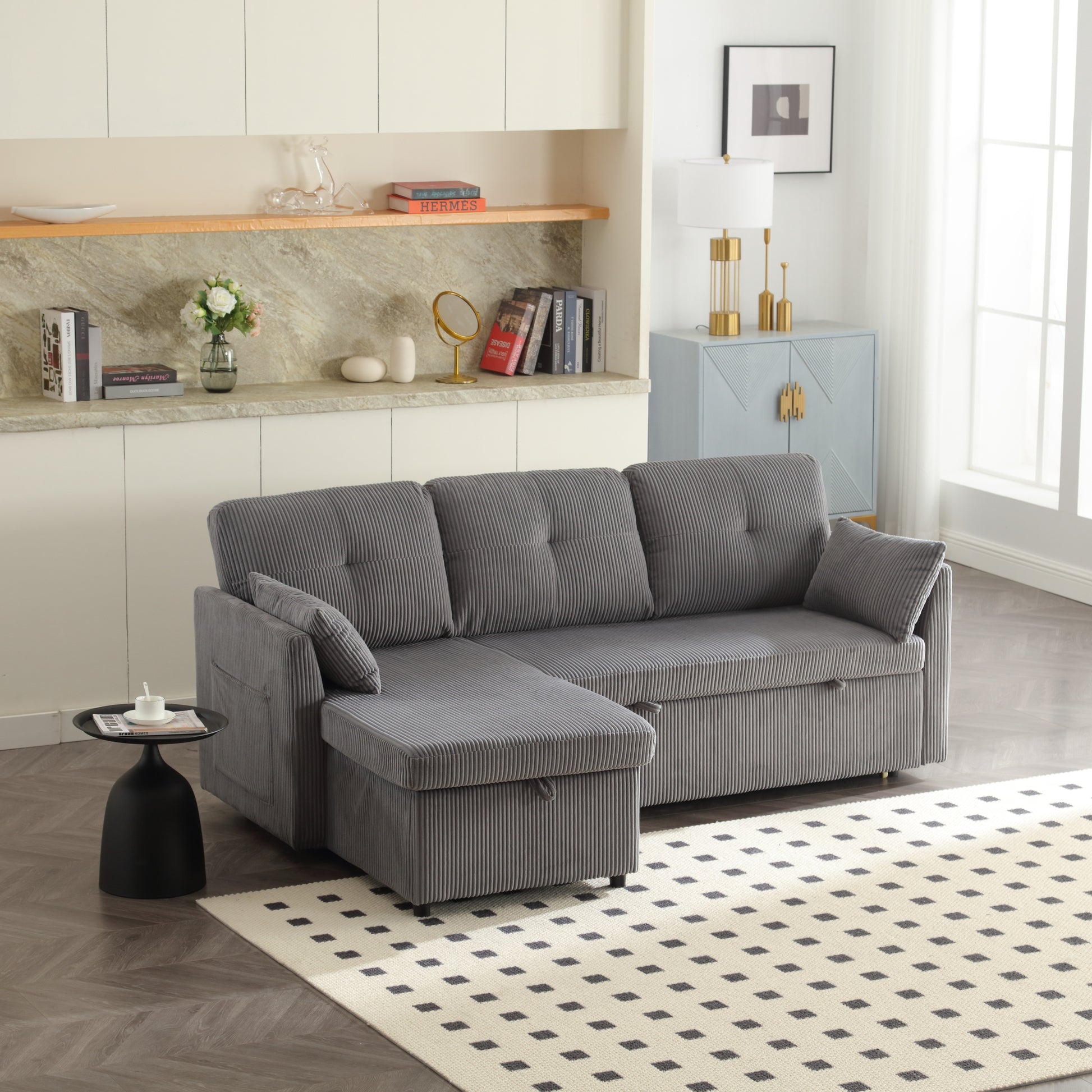 United We Win Furniture, Modular L Shaped Sofa, Modular Long Sofa With Reversible Chaise Lounge, Sofa Bed, Sleeper Sofa, Modular Sofa Combination With Storage Seats. Dark Grey Velvet 4 Seat