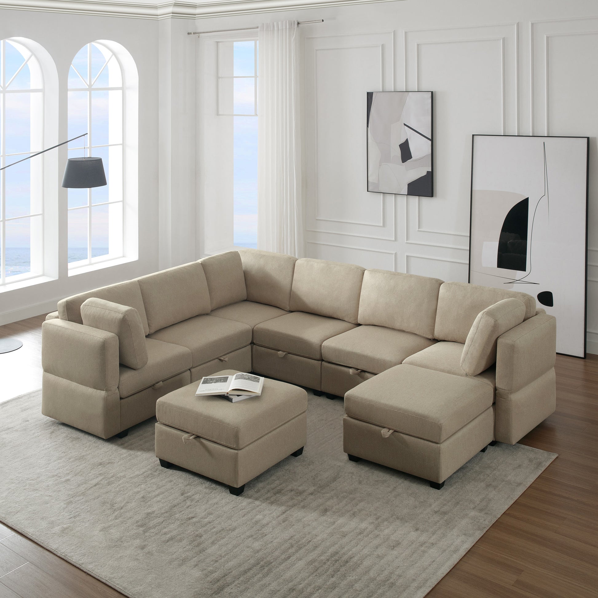 Modular Sectional Sofa With Storage Seat Oversized U Shaped Couch With Reversible Chaise Sofa Set With Ottoman,Ultimate Comfort 6 8 Seater Couches With Adjustable Arms And Backs For Living Room Beige Beige Polyester 6 Seat