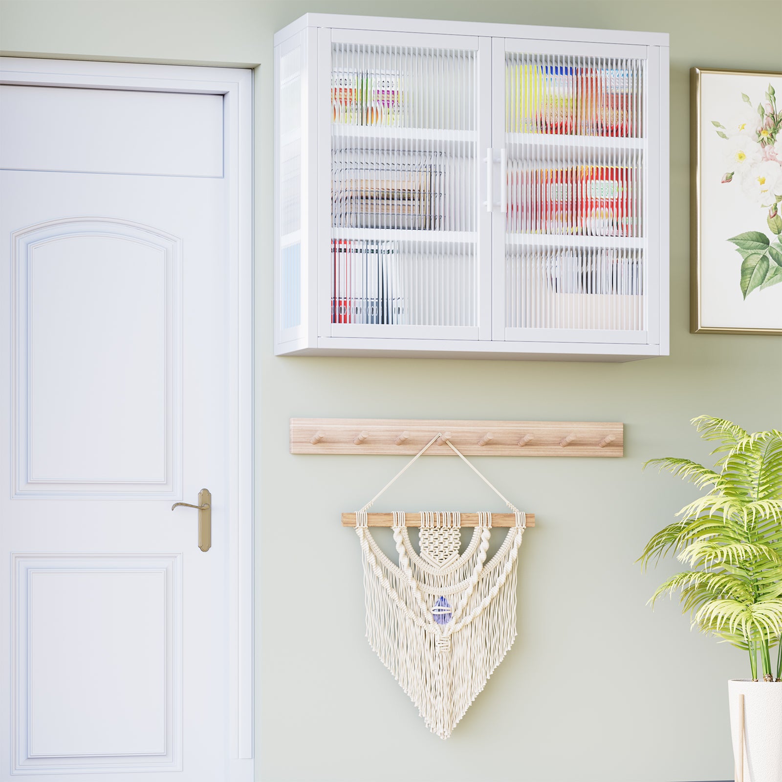 Retro Style Haze Double Glass Door Wall Cabinet With Detachable Shelves For Office, Dining Room,Living Room, Kitchen And Bathroom White Color White Tempered Glass Sheet Metal Plastic