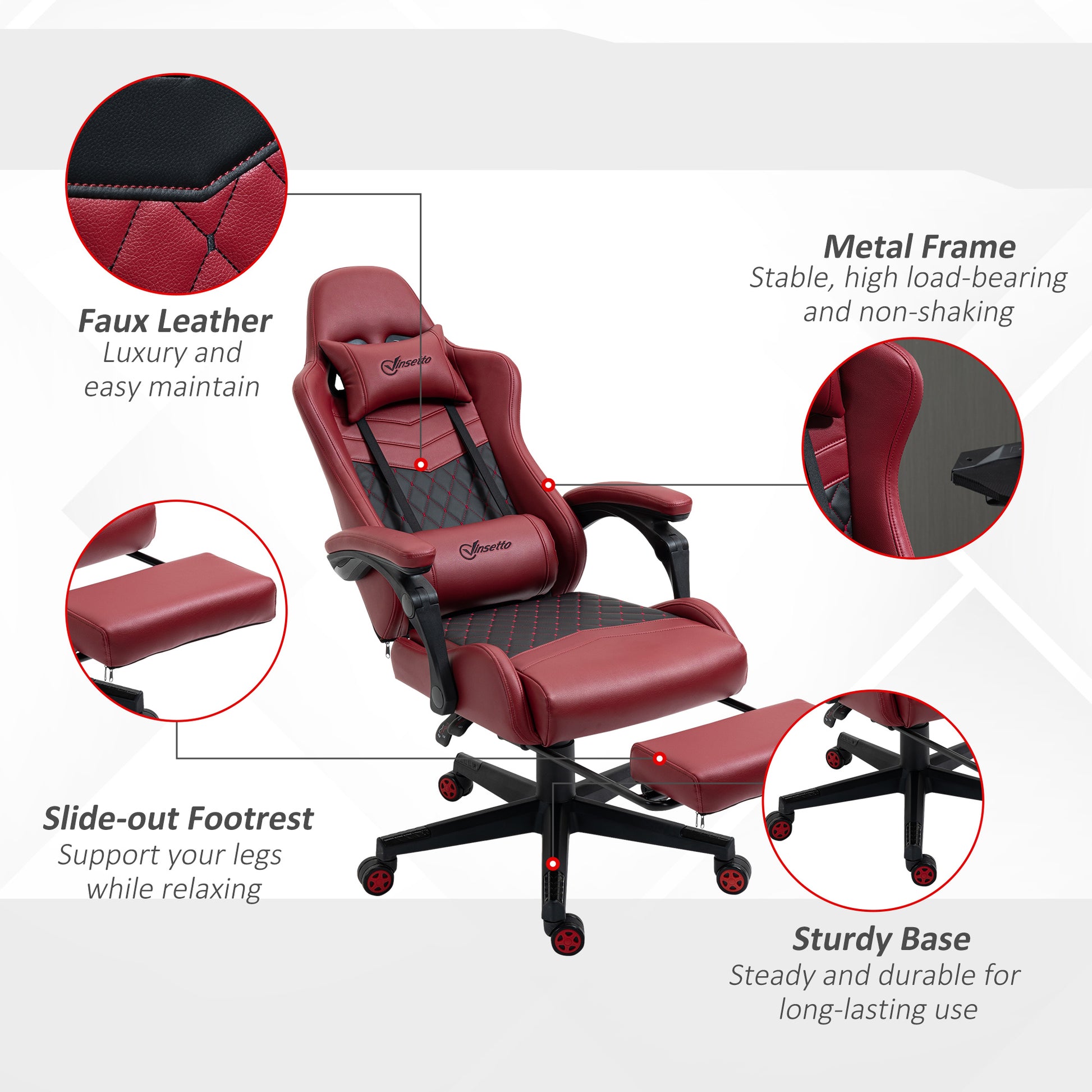 Vinsetto Racing Gaming Chair Diamond Pu Leather Office Gamer Chair High Back Swivel Recliner With Footrest, Lumbar Support, Adjustable Height, Red Red Pu