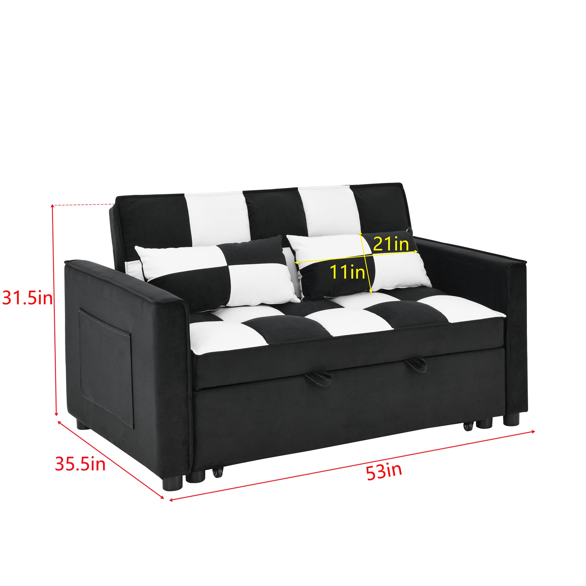 Modern Velvet Seat Sofa Couch Pull Out Bed,3 In One Convertible For Living Room Sofa Bed,Black White Black White Velvet Primary Living Space Cushion Back Medium Soft Medium Duty American Design Pillow Top Arms Foam Velvet 2 Seat