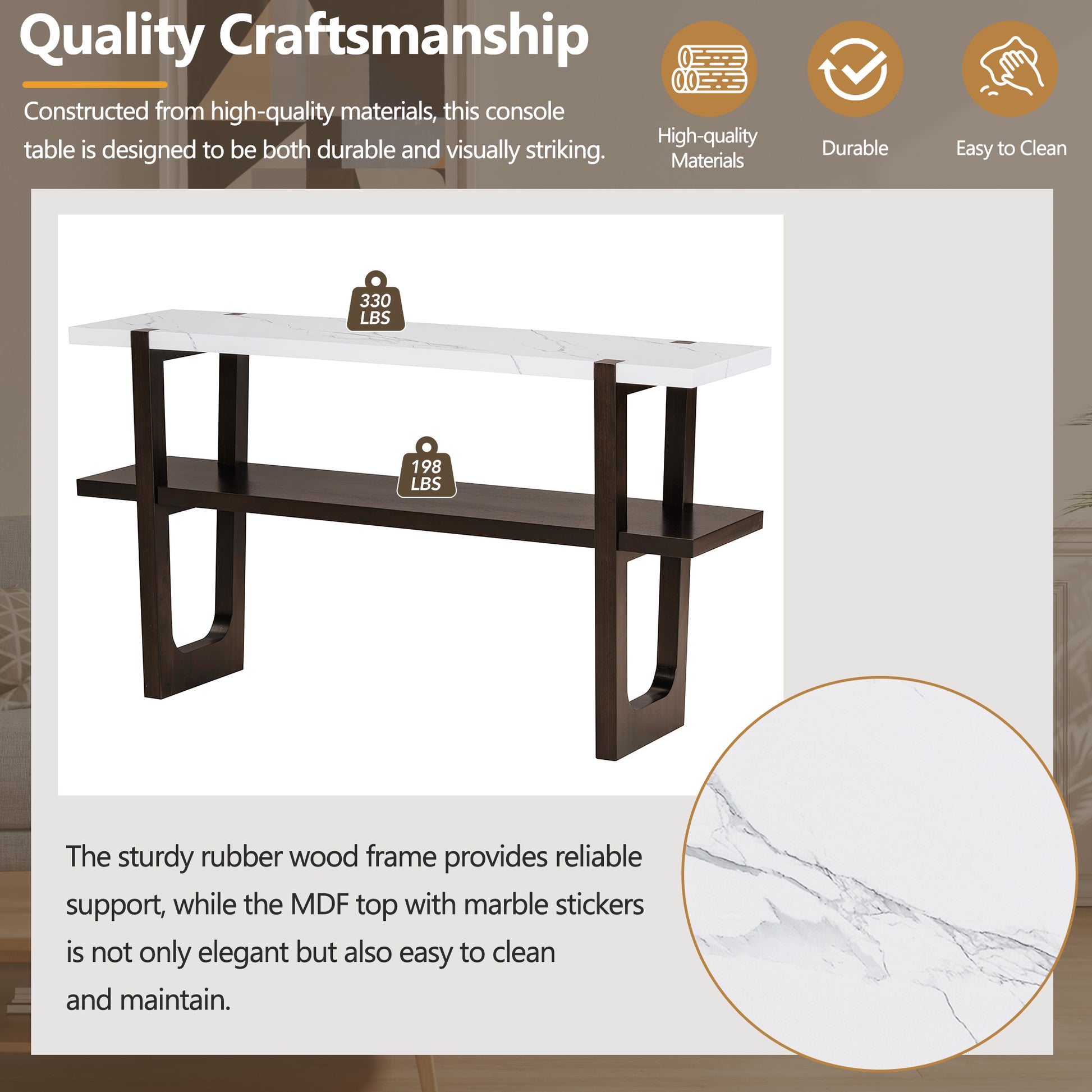 Retro Elegant Console Table With Marble Effect Top And Versatile Storage Solutions For Entryway And Living Room Espresso Espresso Solid Wood Mdf