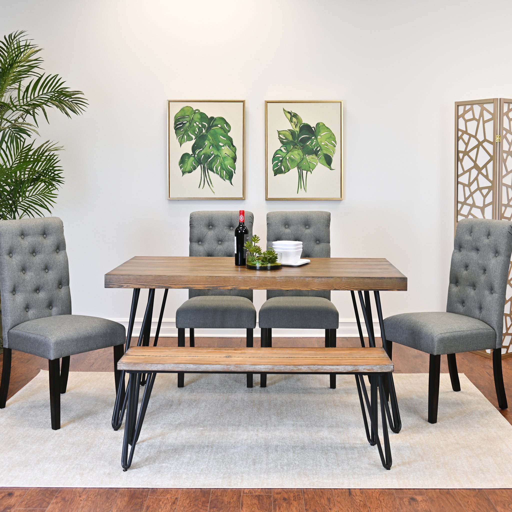 Ashford 6 Piece Dining Set, Hairpin Dining Table With 4 Chairs And Bench, 4 Color Options Brown Metal Dining Room Fixed Table Rubberwood Rectangular Dining Table With Chair And Bench Wood Wood Brown Seats 6 Rectangular 4 Leg Mdf Metal