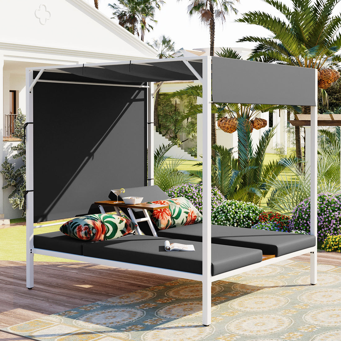 Outdoor Patio Sunbed Daybed With Cushions, Adjustable Seats Grey Steel