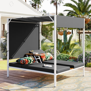 Outdoor Patio Sunbed Daybed With Cushions, Adjustable Seats Grey Steel