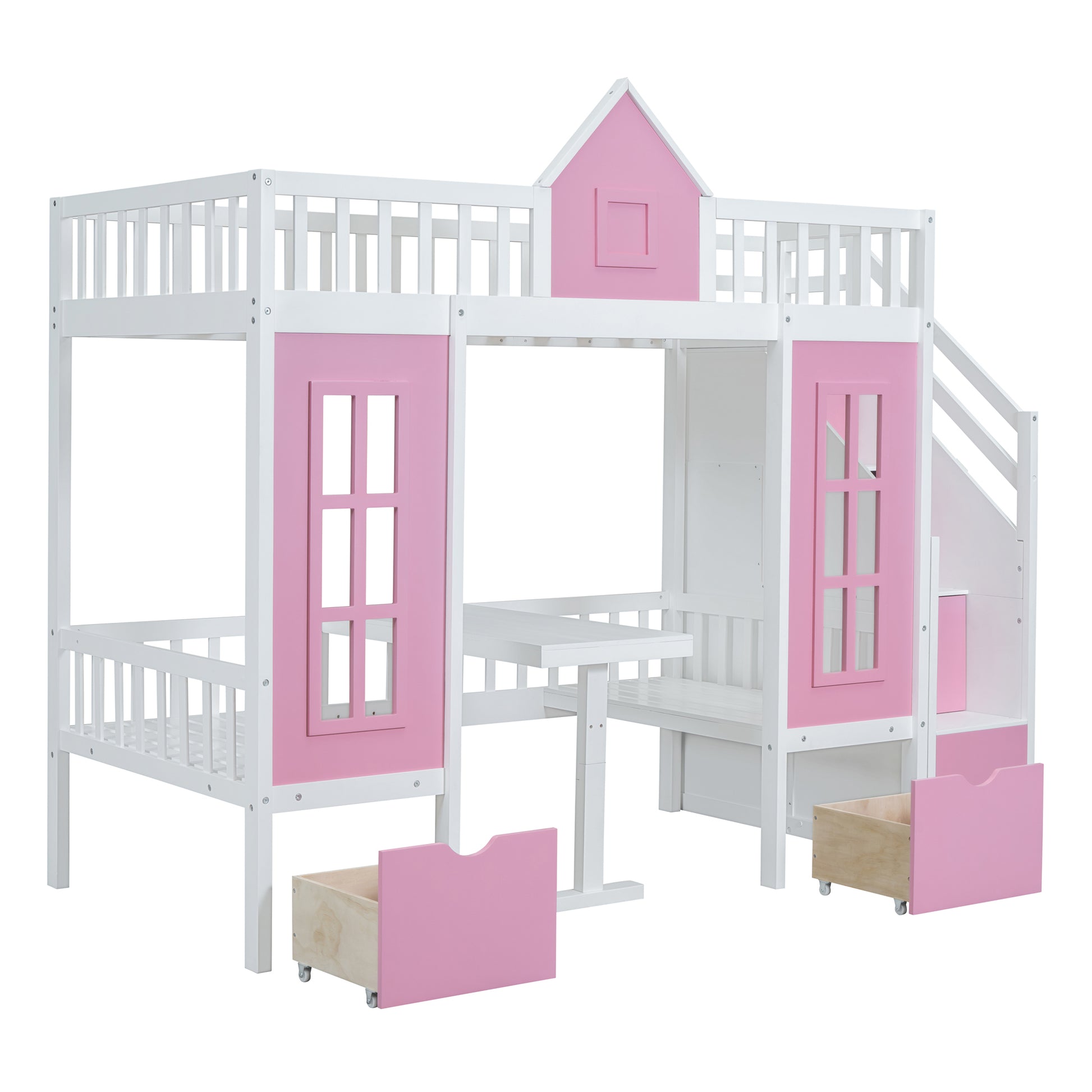 Twin Over Twin Bunk Bed With Changeable Table, Bunk Bed Turn Into Upper Bed And Down Desk Pink Twin Pink Solid Wood