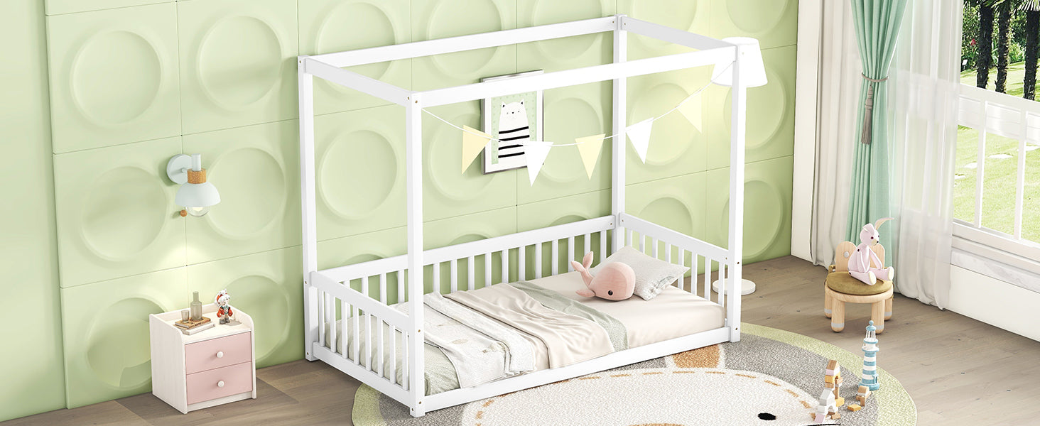 Twin Size Canopy Frame Floor Bed With Fence, Guardrails,White Twin White American Design Pine