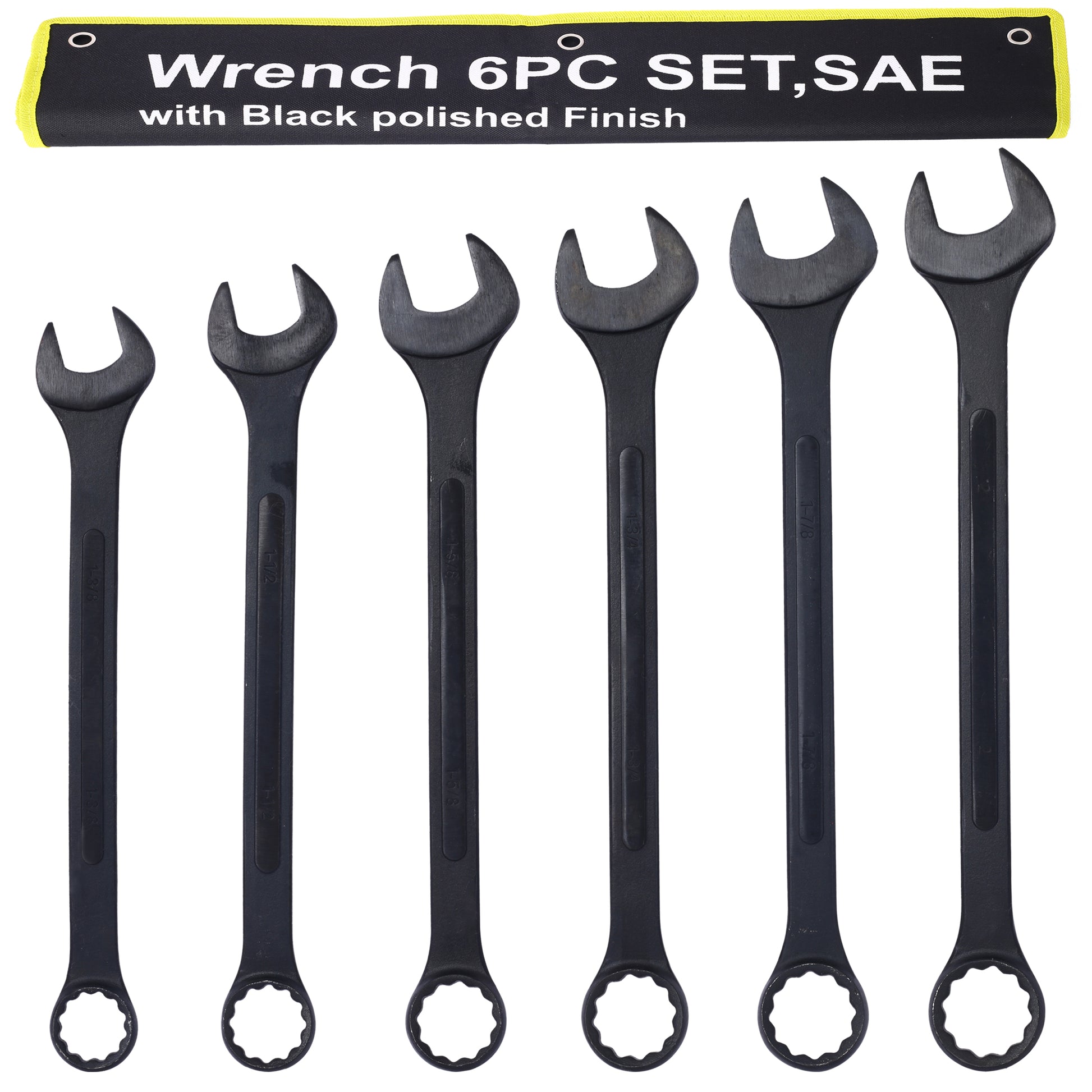 Jumbo Combination Wrench Set Extra Large, Sae, 6 Piece, 1 3 8'' To 2'',Black Oxide, With Pouch Black Carbon Steel