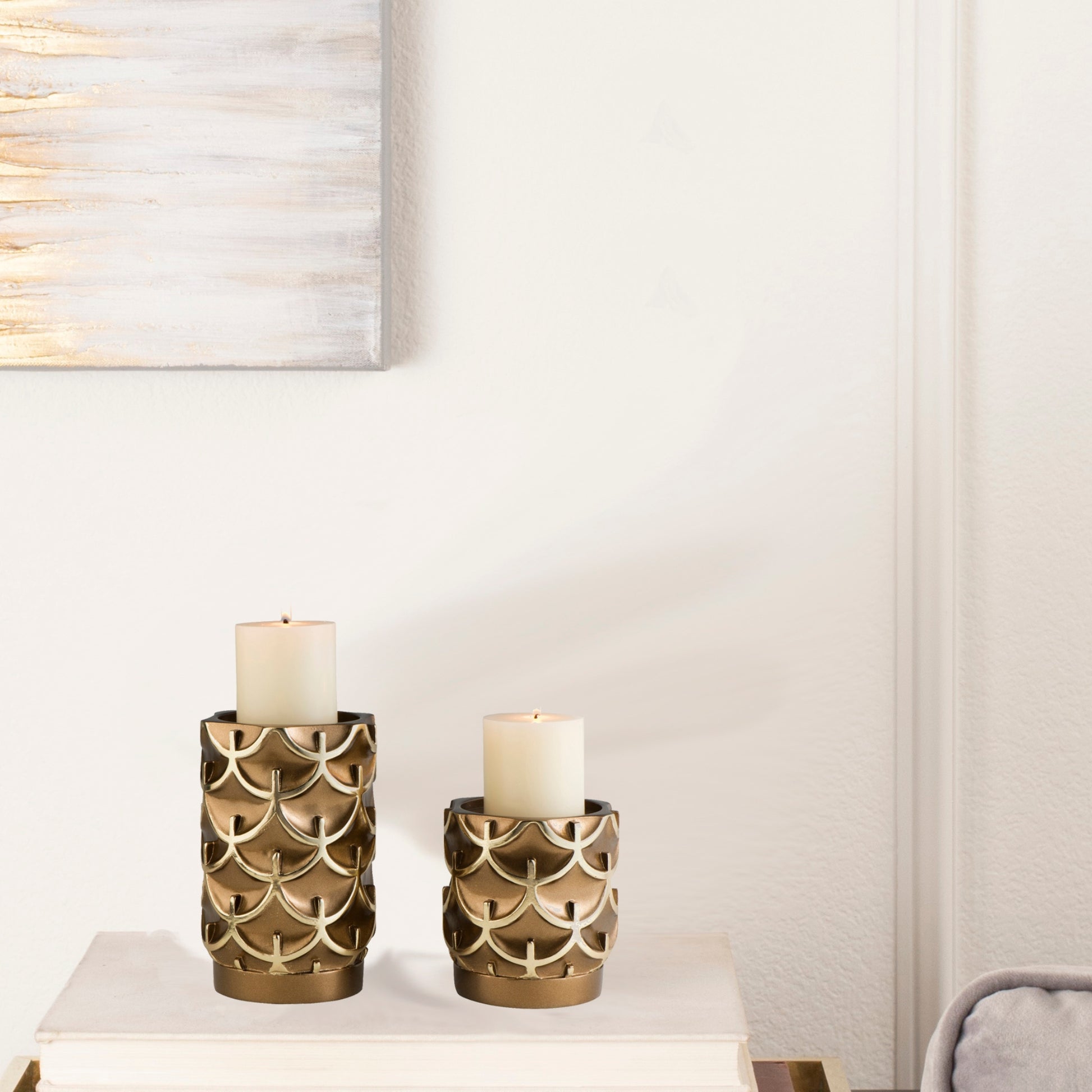 5.5" And 8" Tall Polyresin "Mystic Owl" Candleholder, Golden Finish Set Of 2 Gold Polyresin