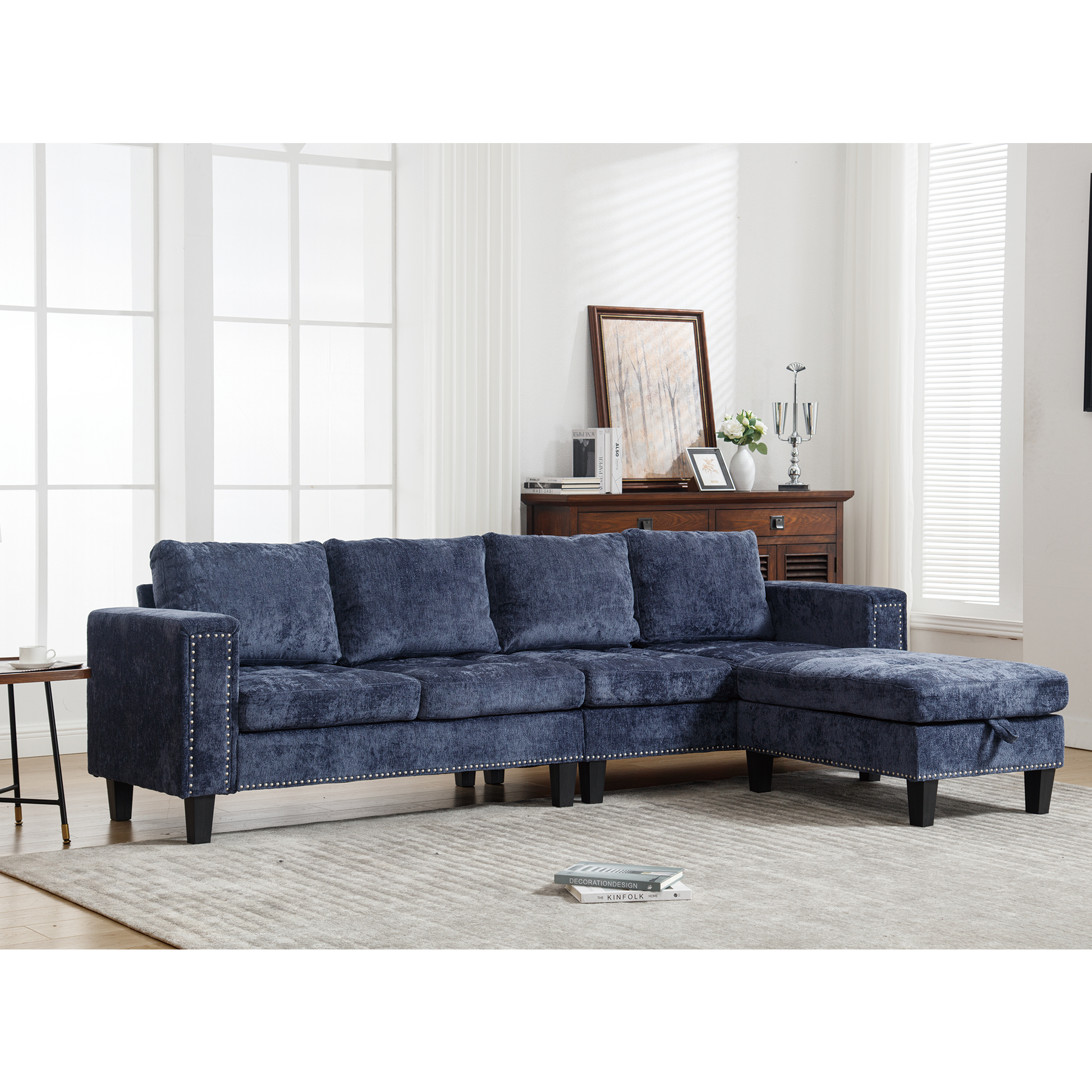 Arrived 5 Seat Modular Sofa,With Storage Ottoman, Convertible Sectional Sofa, L Shaped Couchreversible Chaise ,Riveted Sofa,Chenille, Blue Blue Polyester Wood Primary Living Space Medium Soft Cushion Back Modern Square Arms Foam Metal & Wood 5 Seat