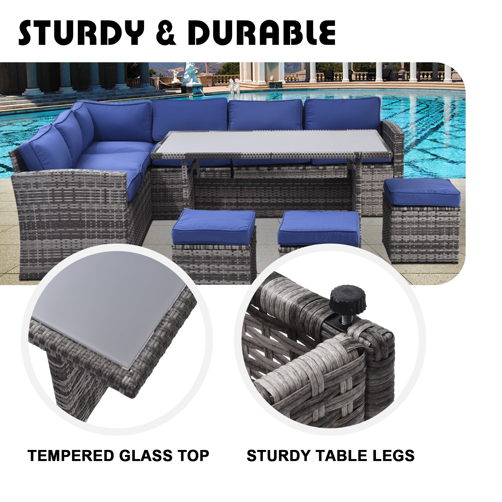 Outdoor Patio Furniture Set,7 Pieces Outdoor Sectional Conversation Sofa With Dining Table,Corner Chairs, Ottomans,All Weather Pe Rattan And Steel Frame,With Backrest And Removable Cushions Grey Blue Yes Dark Blue Weather Resistant Frame Garden & Outdoor
