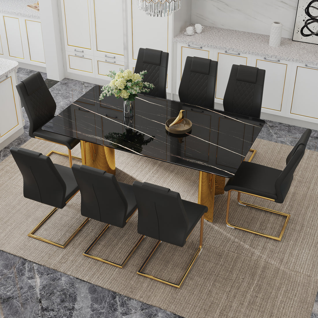Table And Chair Set.The Table Has A Glass Tabletop With Imitation Marble Pattern Stickers And Stainless Steel Golden Table Legs. Paried With Comfortable Chairs With Pu Seats And Metal Legs. Gold Black Seats 8 Glass Metal