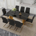 Table And Chair Set.The Table Has A Glass Tabletop With Imitation Marble Pattern Stickers And Stainless Steel Golden Table Legs. Paried With Comfortable Chairs With Pu Seats And Metal Legs. Gold Black Seats 8 Glass Metal