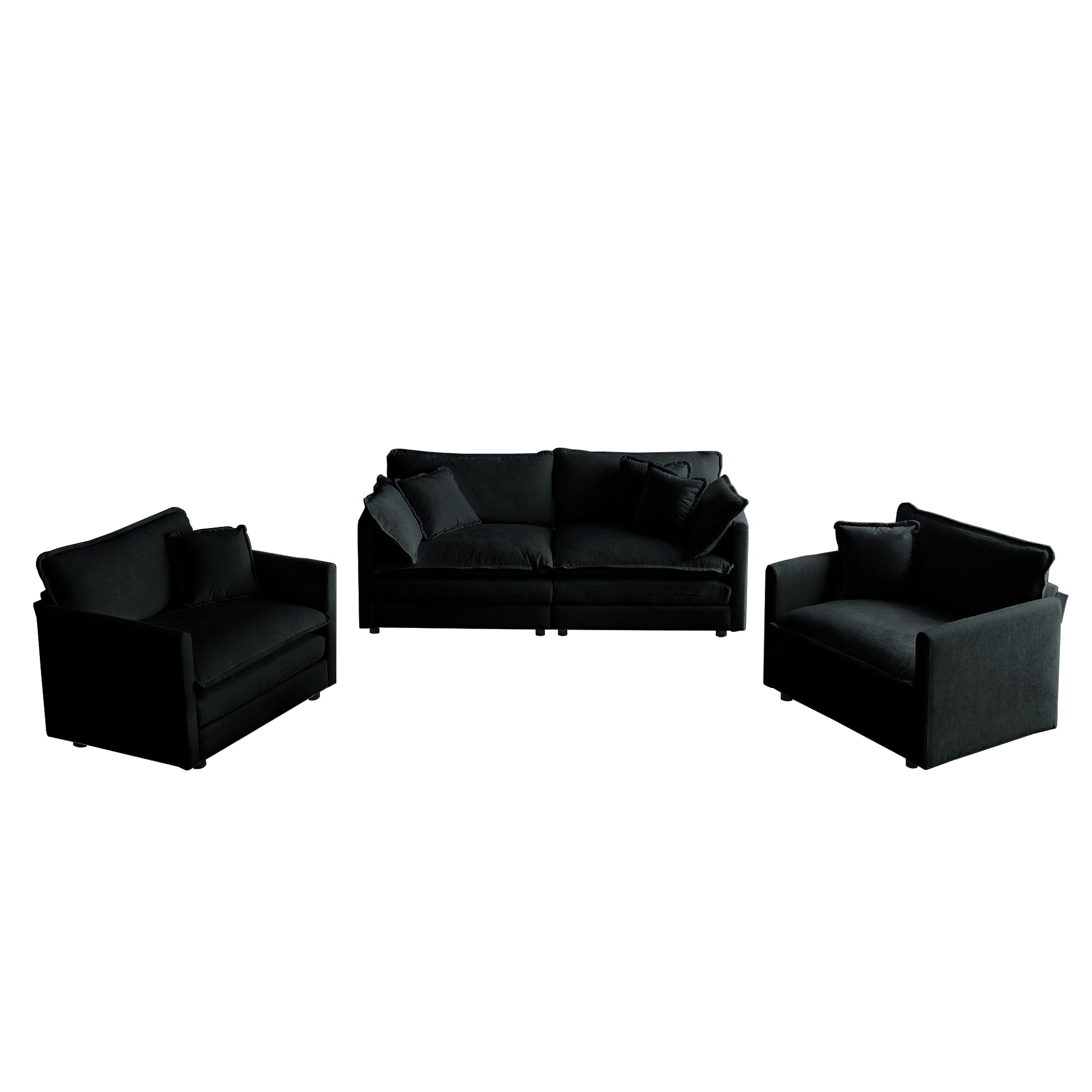 3 Piece Sofa Set With Arm Pillows And Toss Pillowssofa Set Include 2 Piece Of Arm Chair And One 2 Seat Sofa, Space Saving Casual Sofa Set For Living Room, Black Chenille Black Chenille 4 Seat