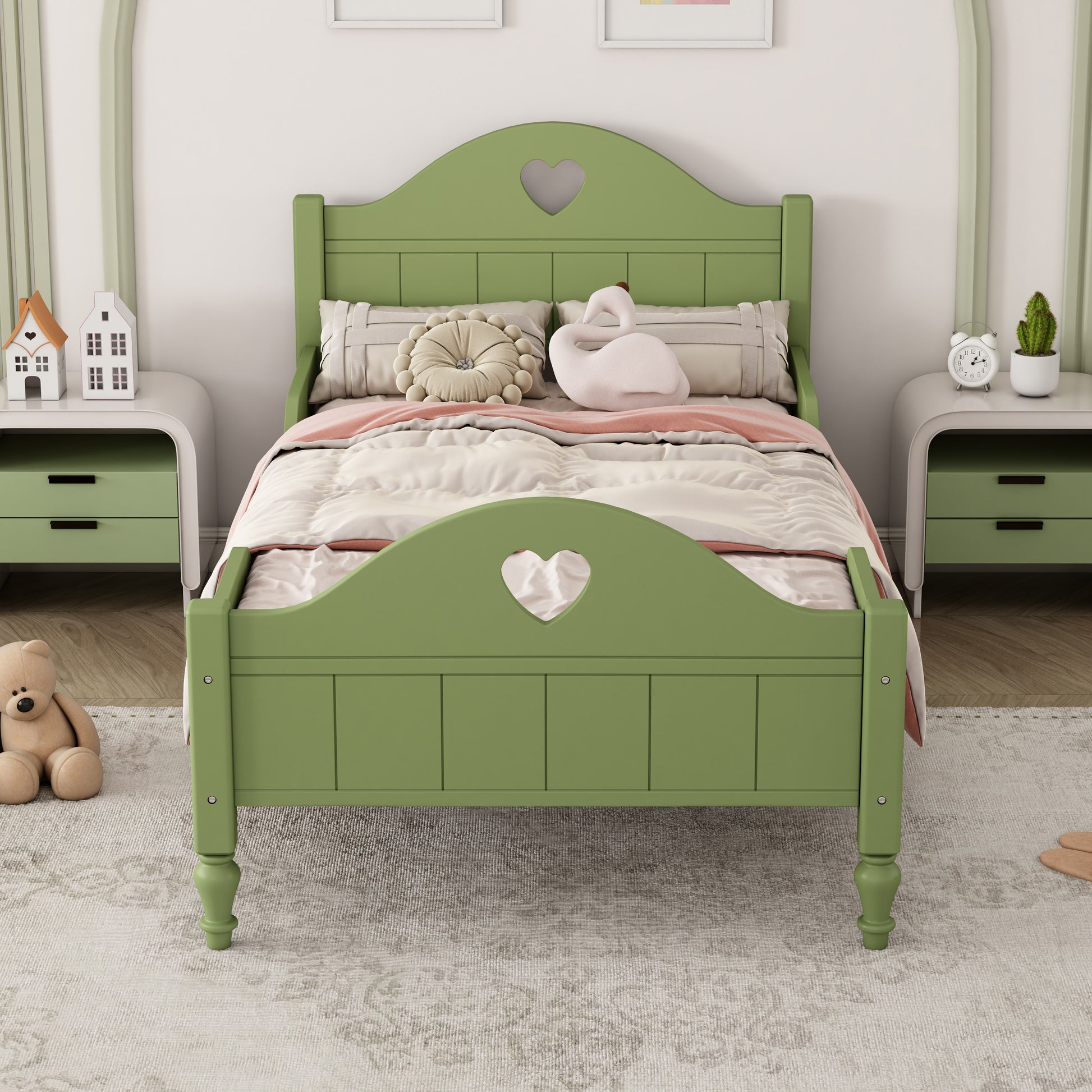 Girl'S Beautiful Princess Bed Macaron Twin Size Toddler Bed With Side Safety Rails And Headboard And Footboard, Oliver Green Olive Green Solid Wood Mdf