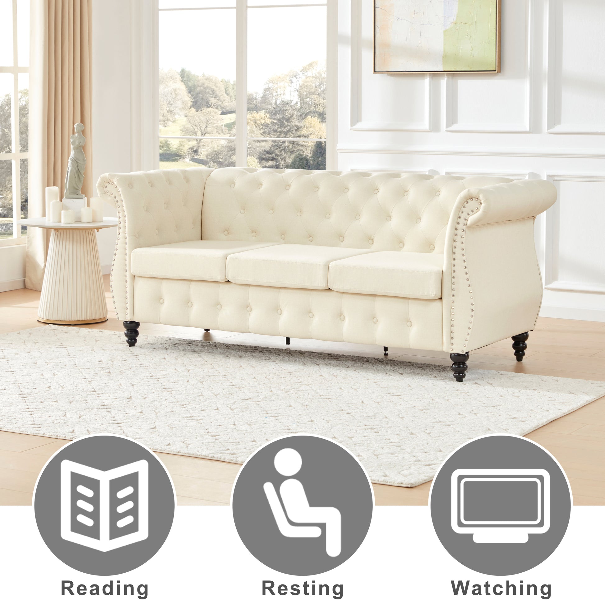 Chesterfield Sofa With Rolled Arms, Classic Button Tufted 3 Seater Couch With Trim, Upholstered Chesterfield Couches With Gourd Wooden Legs, Linen Sofas For Living Room, Bedroom, Beige Brown Wood Bedroom Heavy Duty Oak 3 Seat Beige Linen Soft Cushion