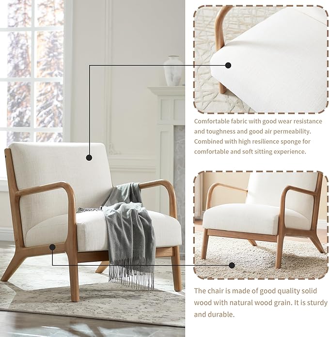 Living Room Accent Arms Bedroom,Office,Apartment, Reading Chair, Single, Linen Fabric White 2 White Wood
