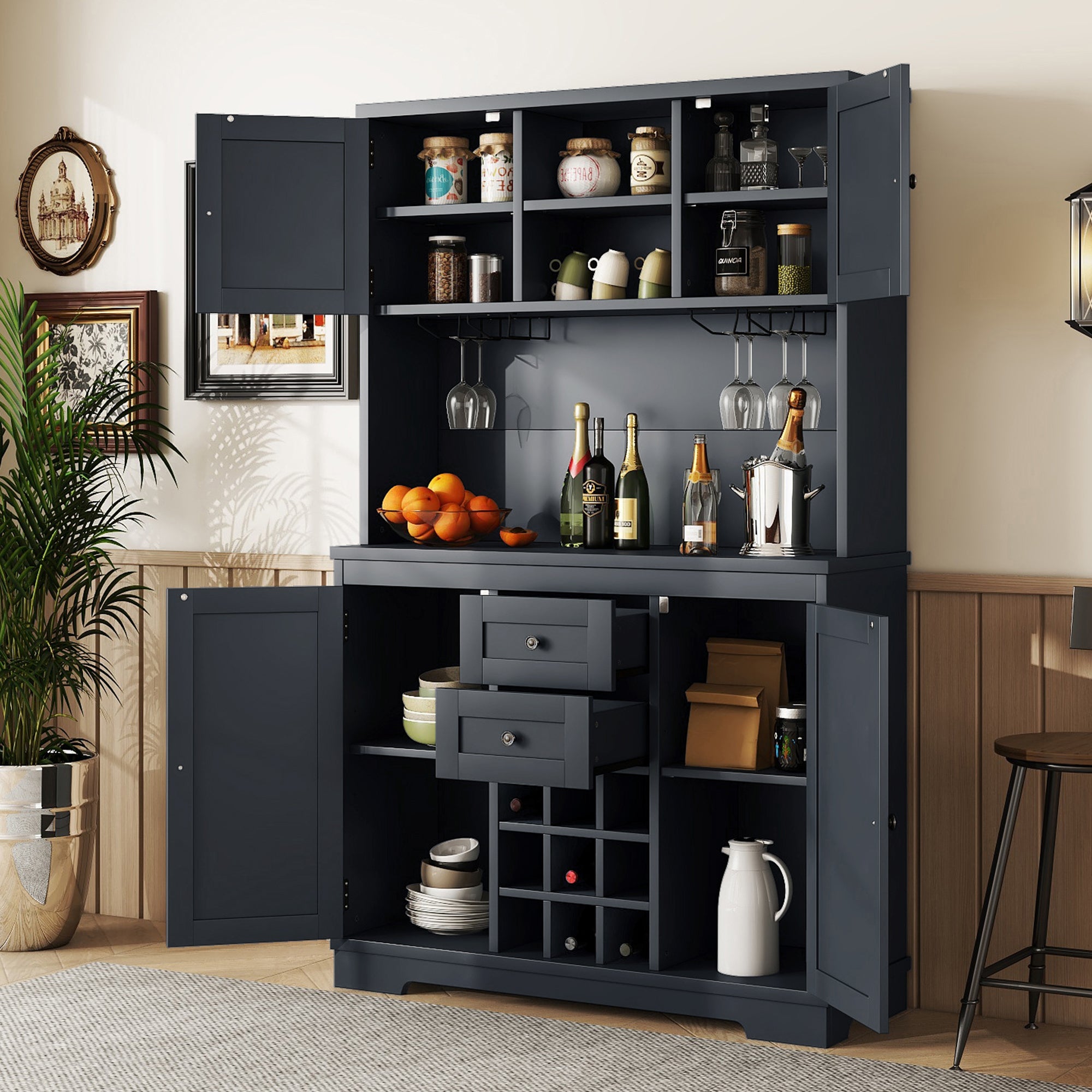 Coffee Bar Cabinet Kitchen Cabinet With Storage, Farmhouse Wine Cabinet With Drawers Shelves And Cabinets, Buffet Cabinet Wine & Glass Racks For Dining Room, Kitchen, Dark Blue Antique Blue Particle