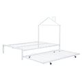 Full Size Metal Platform Bed With Twin Size Trundle,House Shaped Headboard Design, White Full White Metal