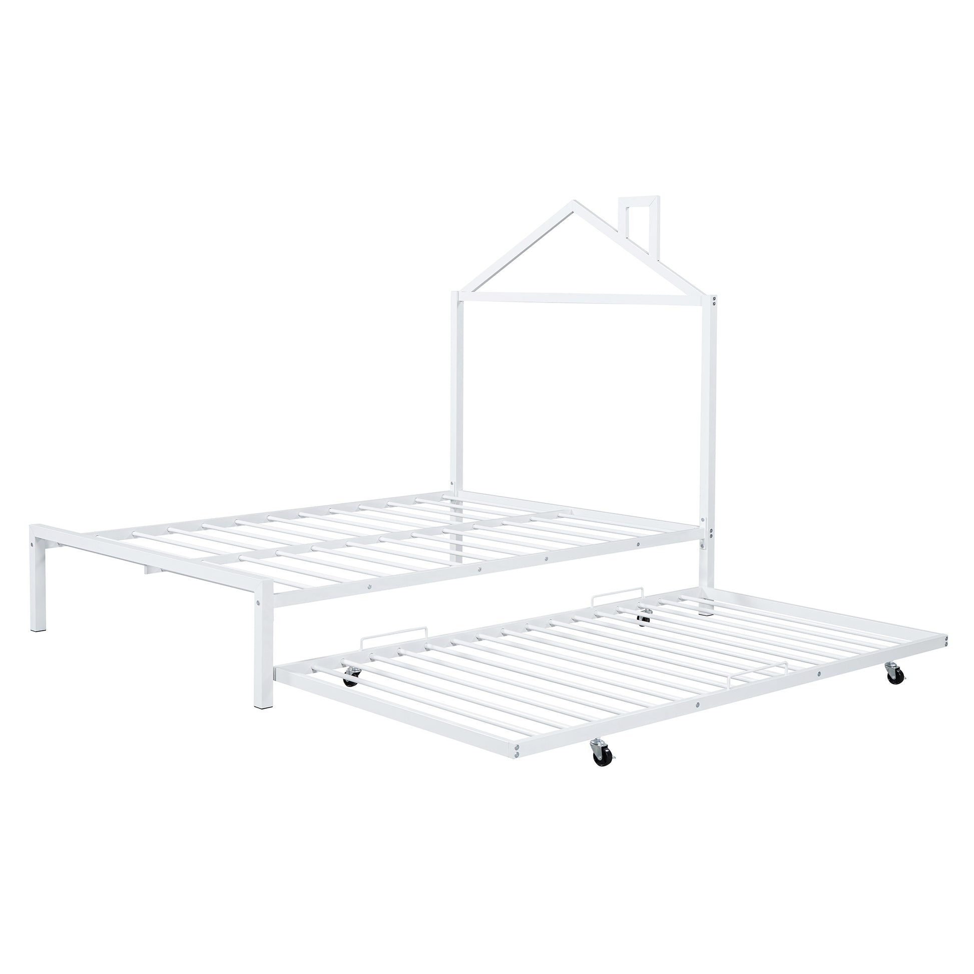 Full Size Metal Platform Bed With Twin Size Trundle,House Shaped Headboard Design, White Full White Metal