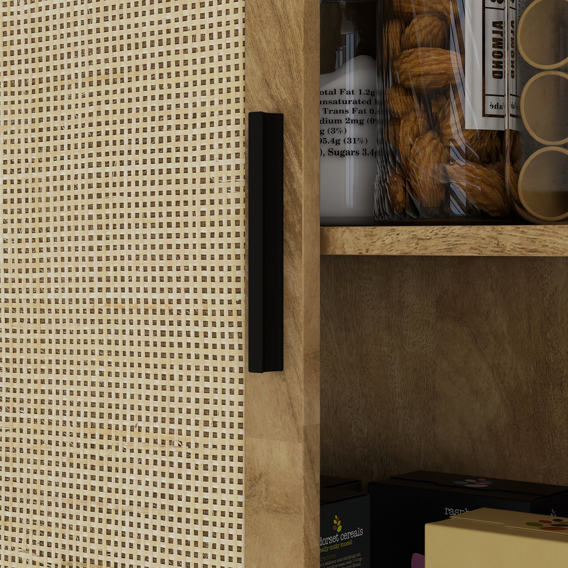 Homcom 64" Rattan Kitchen Storage Cabinet With Adjustable Shelf, Natural Natural Wood Particle Board
