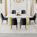 Table And Chair Set.The Table Has A Glass Top With Imitation Marble Pattern Stickers And Stainless Steel Golden Legs. Paried With Chairs With Pu Artificial Leather Backrest Cushions And Black Legs. White Gold Seats 6 Glass Metal