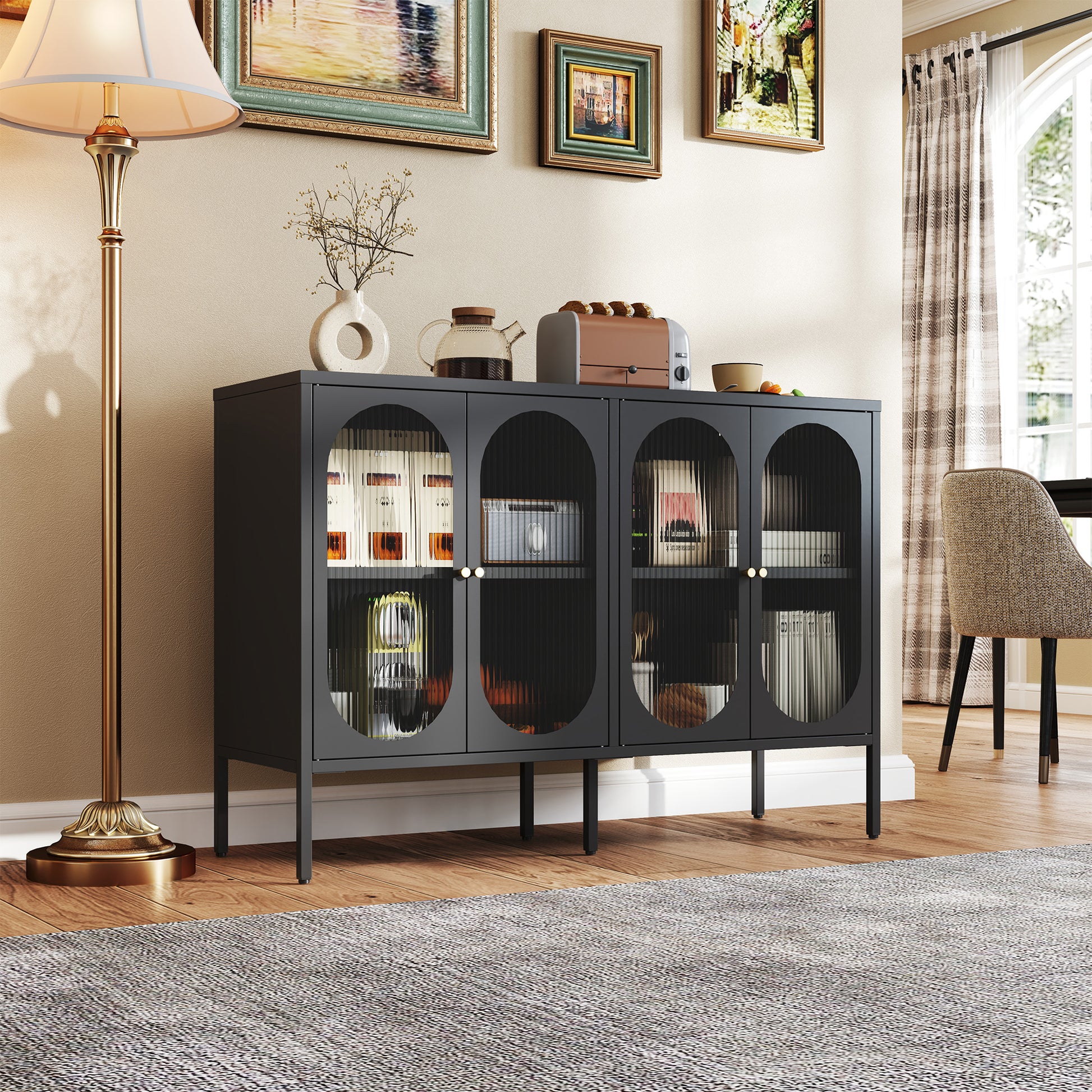 Metal Sideboard Cabinet With 4 Glass Door, Steel Locker Sideboard Buffet Cabinet, Sideboard Buffet Cabinet With 4 Doors, Kitchen Storage Cabinet, Coffee Bar Cabinet For Kitchen, Living Room, Black