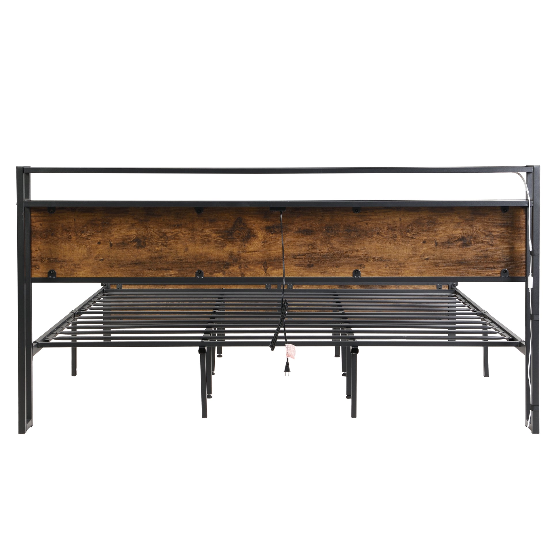 Industrial King Bed Frame With Led Lights And 2 Usb Ports, Bed Frame King Size With Storage, Noise Free, No Box Spring Needed, Rustic Brown Box Spring Not Required King Antique Brown Metal Brown Bedroom Industrial Metal & Wood