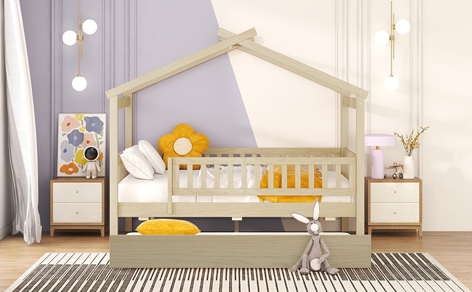 Full Size Wooden House Bed With Twin Size Trundle, Natural Full Natural Solid Wood Mdf