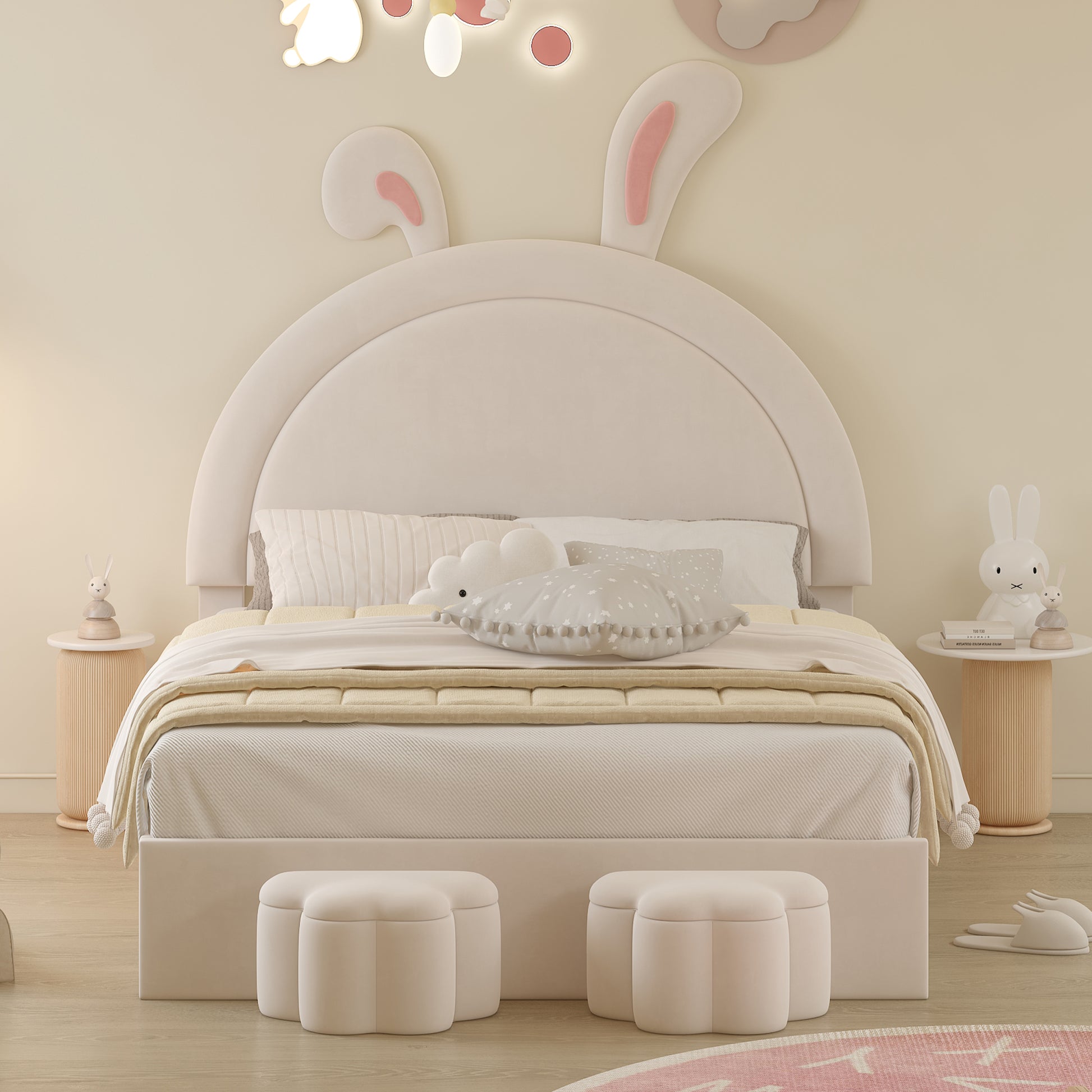 Full Size Upholstered Rabbit Shape Bed With 2 Storage Stools, Velvet Platform Bed With Cartoon Ears Shaped Headboard, White Full White Wood