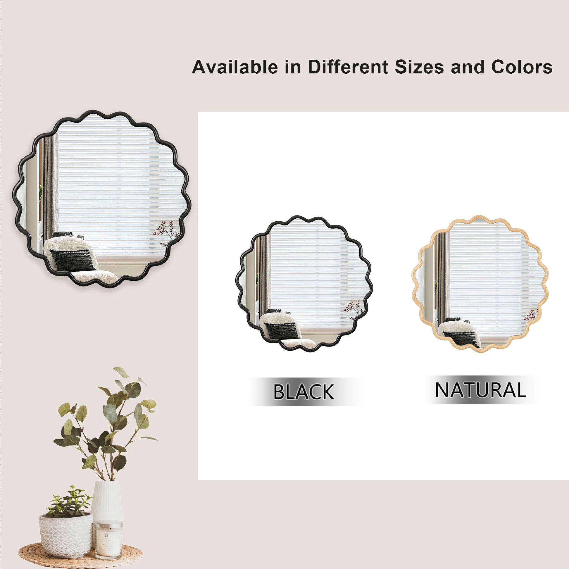 Solid Wood Wavy Mirror Black Vanity Mirror Wall Decor 42" X 42" Modern Mirror Wall Decor For Bathroom, Bedroom, Living Room, Dining Room, Cloakroom, Entryway Antique Black Glass Solid Wood