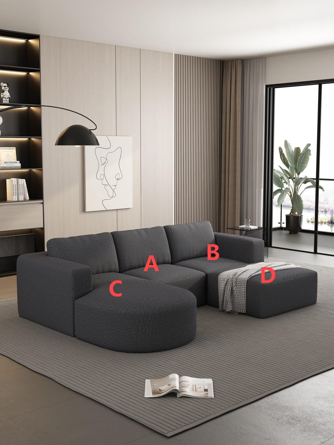 104.32*70.86 Modular Sectional Sofa Sleeper Couch, Sectional Sofa With Chaise And Ottoman, Convertible U Shaped Modular Sofa Set. Compressed Sponge, Dark Grey Combo A B C D Dark Grey Primary Living Space Soft Minimalist,Modern Foam Spring 5 Seat