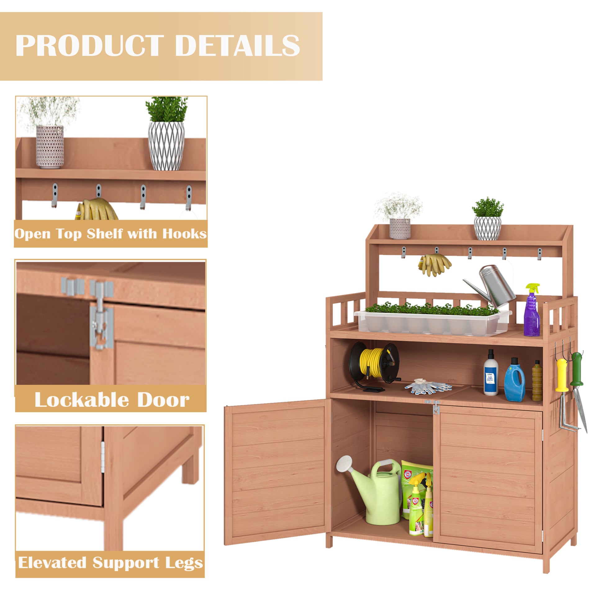 Potting Bench Outdoor Gardening Table For Outside Wood Garden Planting Workstation Work Benches With Large Storage Cabinet & Top Shelf For Patio Brown Weather Resistant Frame Garden & Outdoor Classic Wood