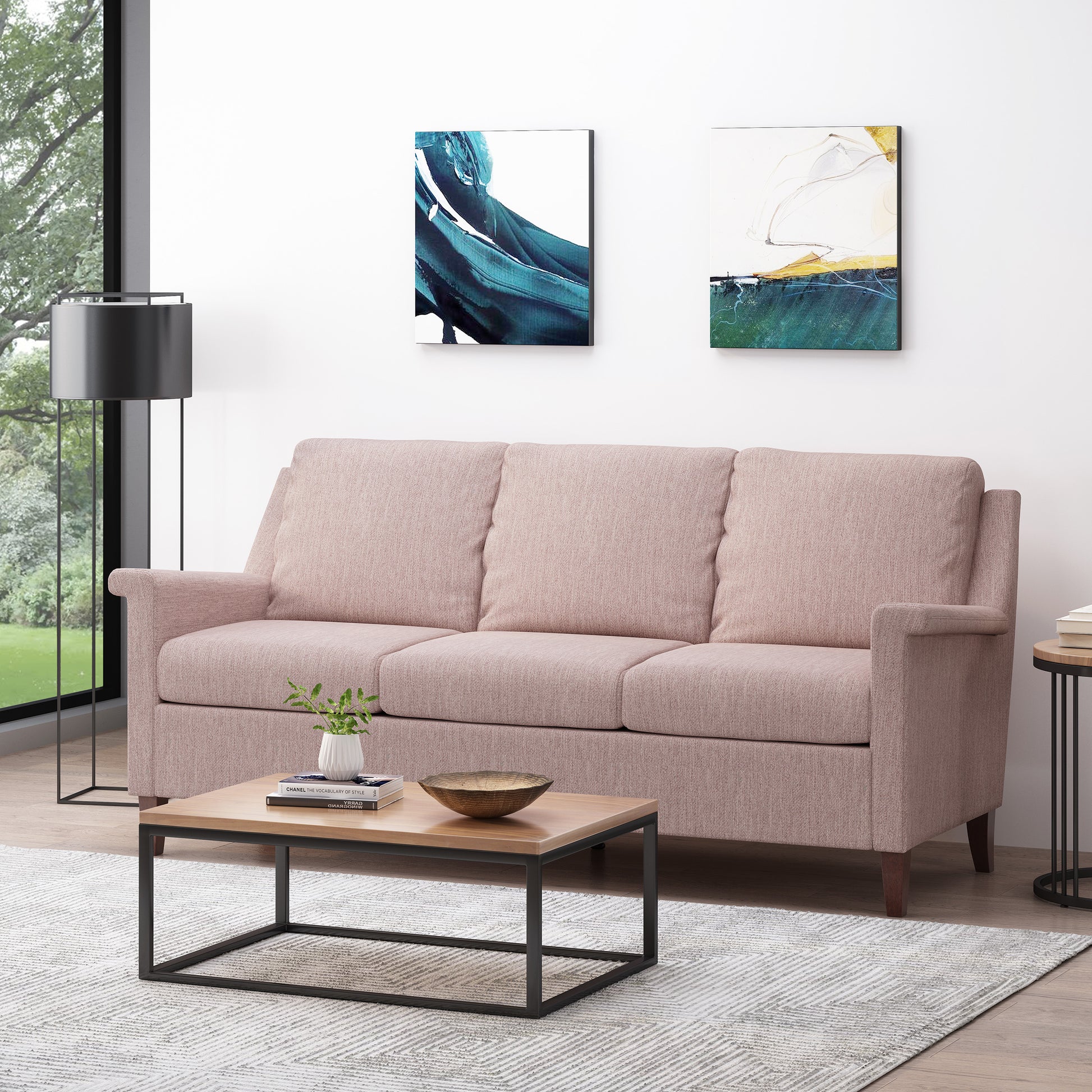 Comfy 3 Seat Sofa With Wooden Legs, Pu, For Living Room And Study Light Pink Fabric 3 Seat