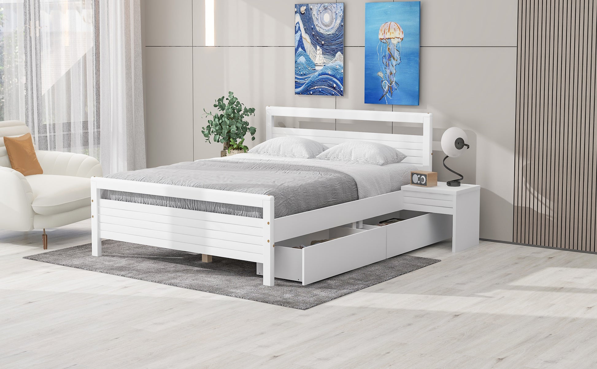 Queen Size Wooden Platform Bed With 2 Storage Drawers And 2 Bedside Tables, White Queen White Pine