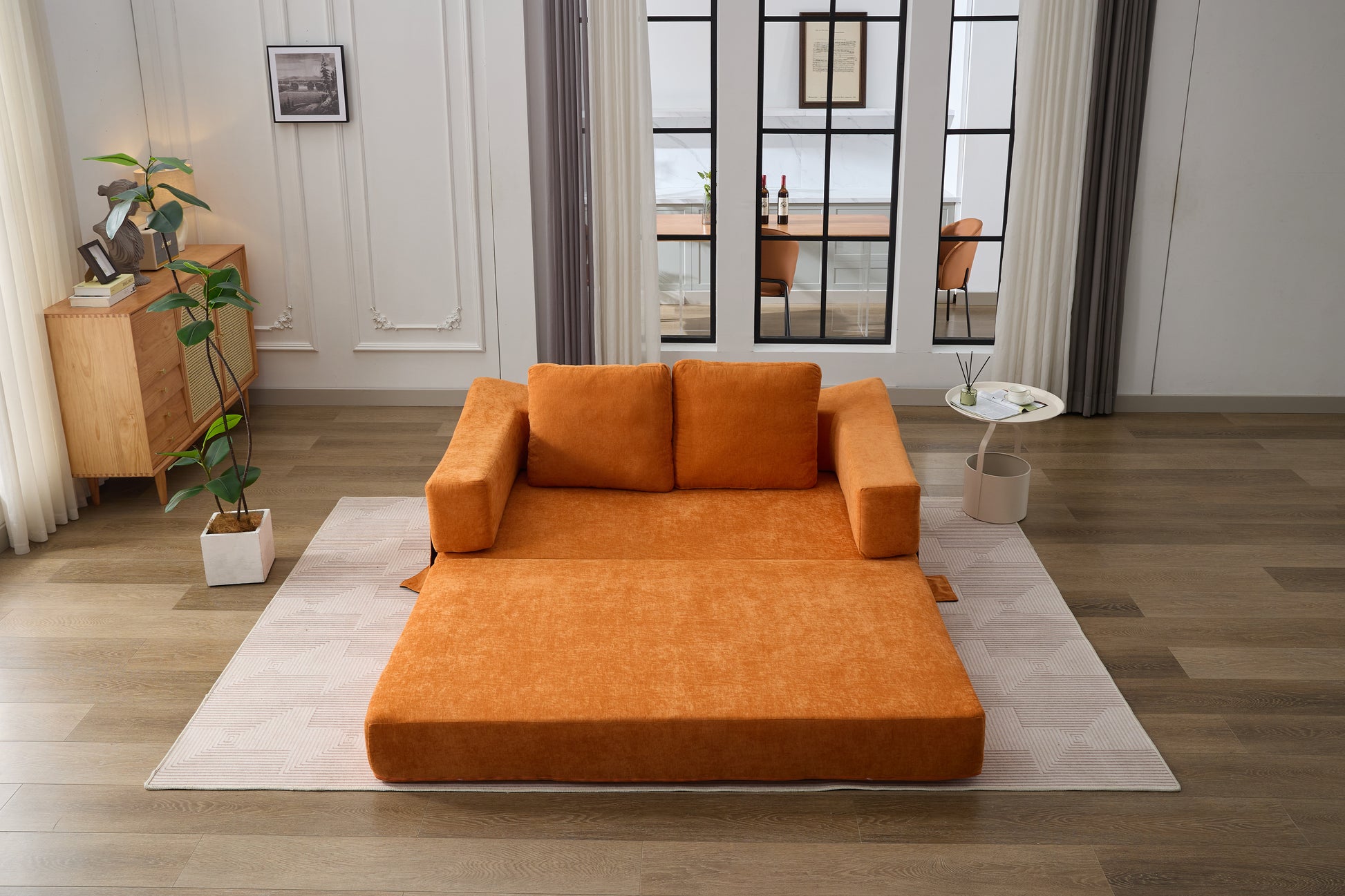 Modern Minimalist Sofa, Fold Out Sofa Bed, Convertible Chair Floor Couch & Sleeping Mattress For Living Room, Bedroom, Apartment, Removable Backrest, Orange Orange Chenille Soft Vintage Chenille 2 Seat