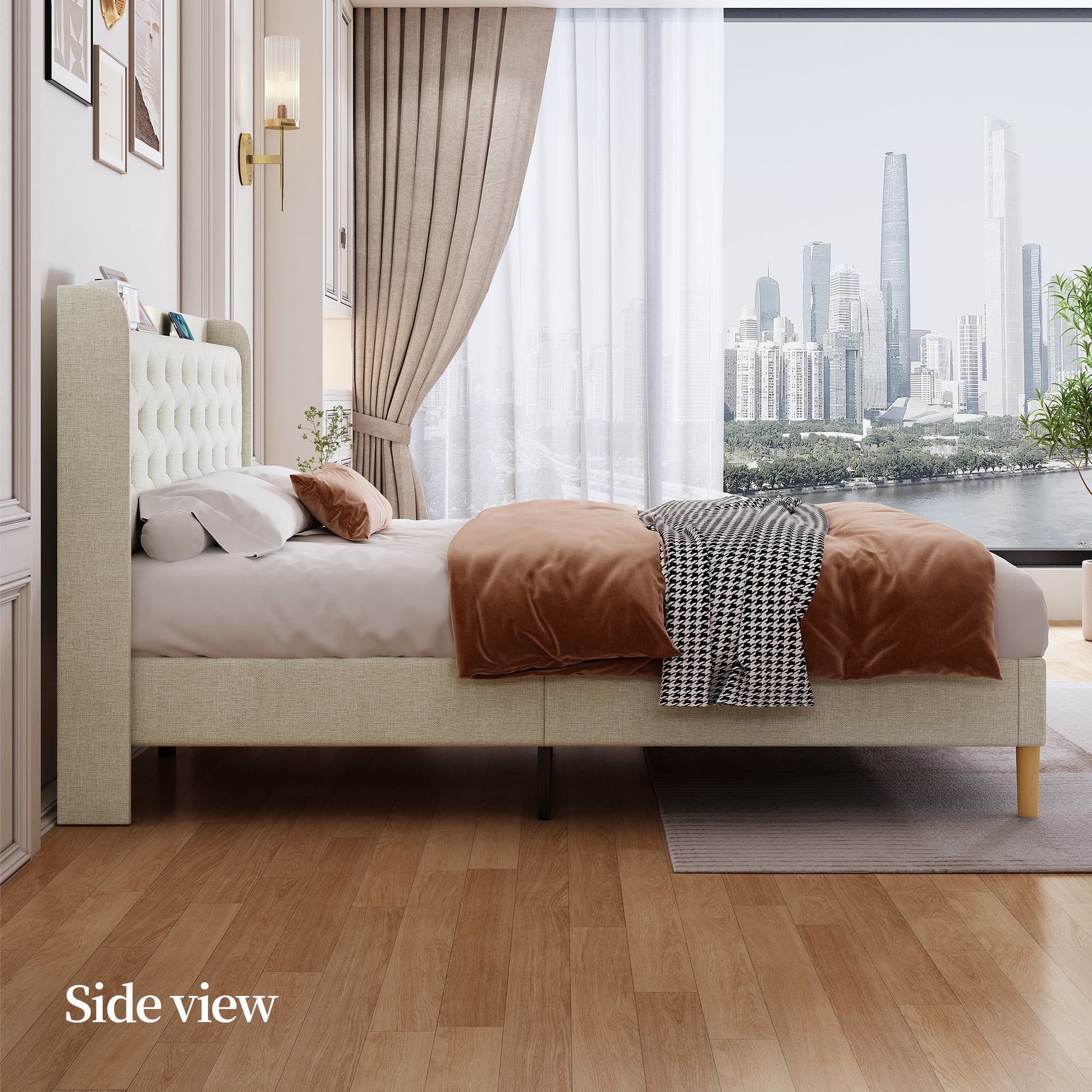 Queen Size Bed, Mesh Backboard Beautiful, With Led Lights, Cotton And Linen Fabric, Frame Stability, Easy To Assemble,Light Gray Queen Light Gray Mdf Acacia