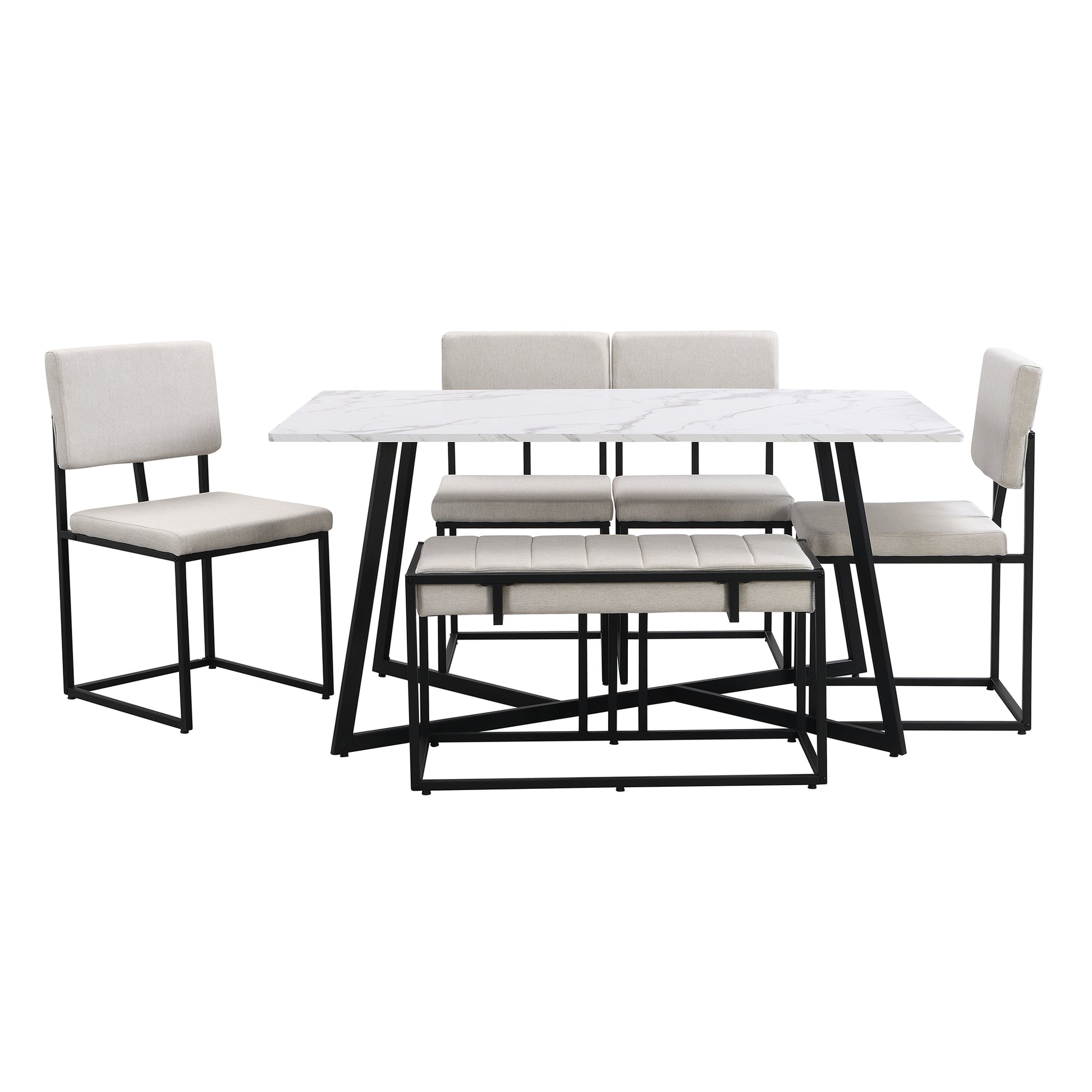 Modern Faux Marble 6 Piece Dining Table Set,60Inch Metal Kitchen Table Set With Upholstered Dining Chairs And Bench, Black Metal Dining Room Bench Seating Rectangular Dining Table With Chair And Bench Metal Wood Black Seats 6 60 Inches Farmhouse Trestle
