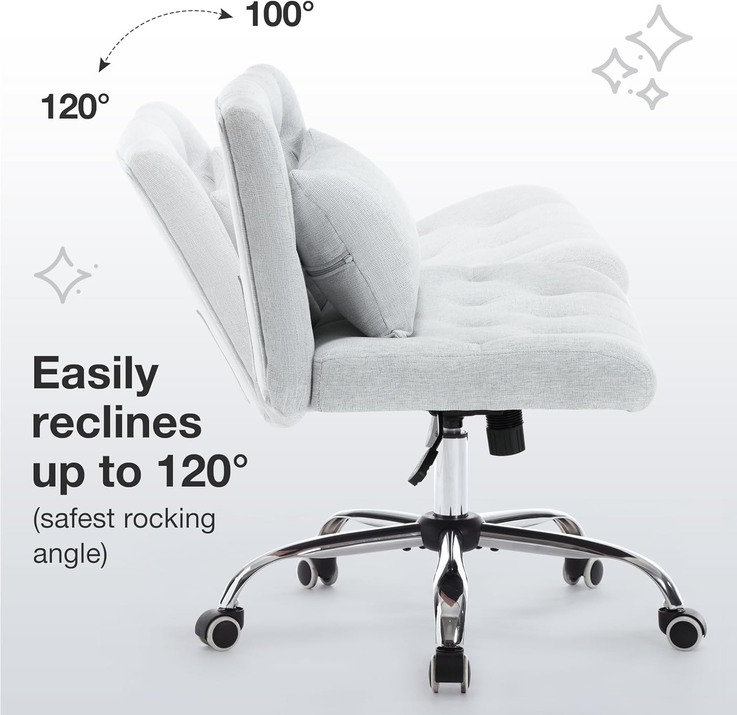 Armless Fabric Office Desk Chair With Wheels, Criss Cross Legged Wide Seat Chair, Modern Home Office Chair With Lumbar Pillow, Comfy Computer Task Chair For Small Space, Vanity Chair For Women, Girls Light Grey Memory Foam Cotton Textile