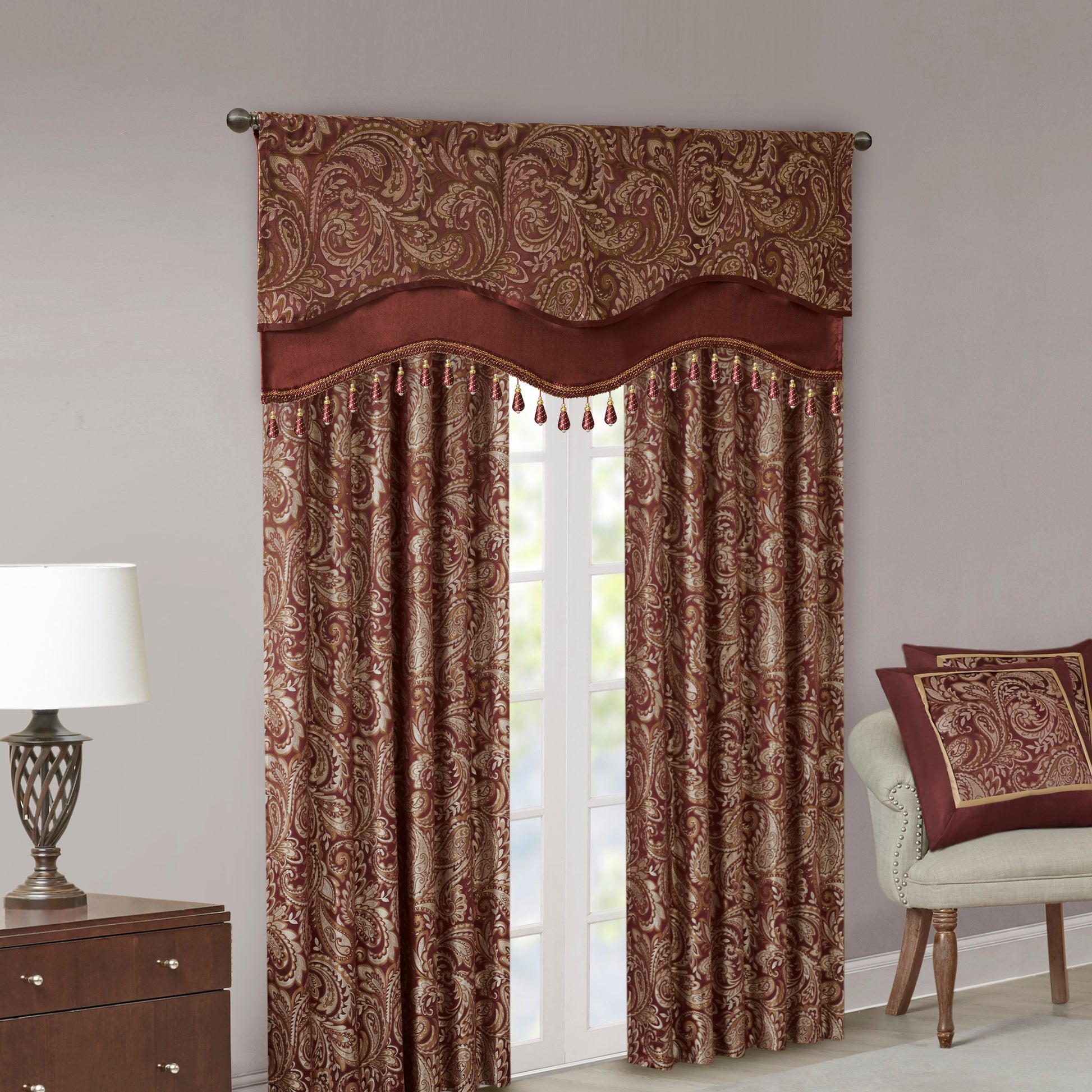 Jacquard Window Rod Pocket Valance With Beads Burdy 50X18" Burgundy Polyester