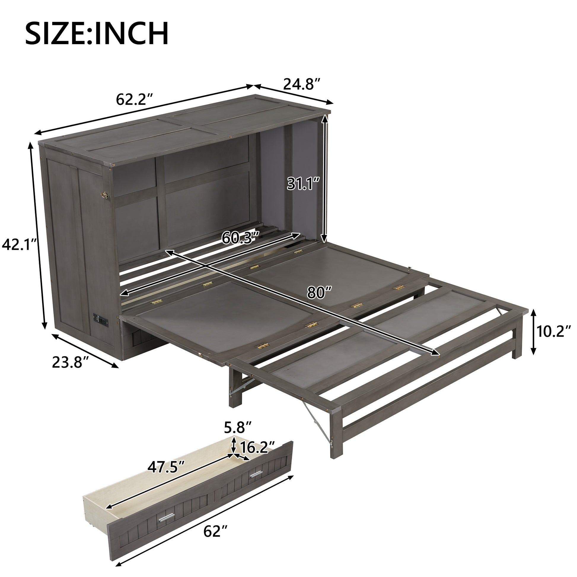 Queen Size Murphy Bed With Built In Charging Station, Antique Grey Box Spring Not Required Queen Antique Gray Wood Pine Wood