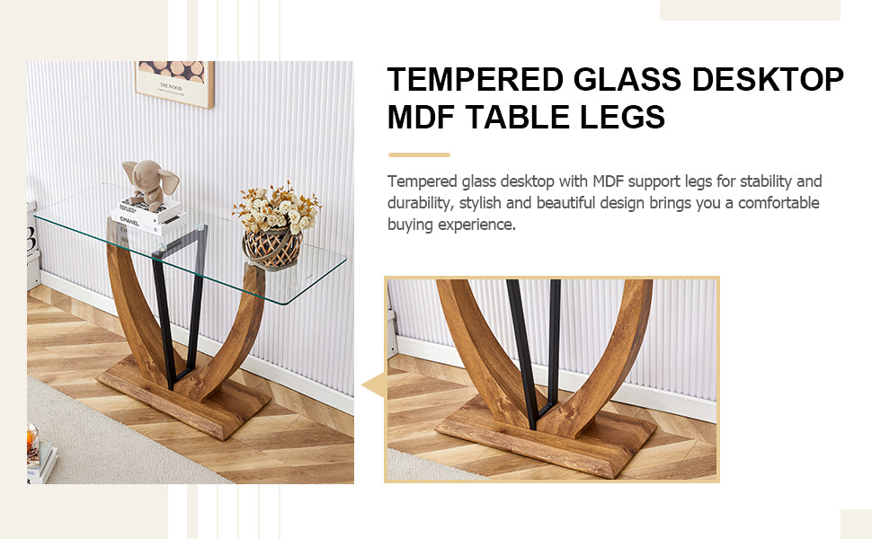 Modern Minimalist Rectangular Glass Table With 0.39 "Tempered Glass Top And Mdf Wood Grain Sticker Legs, Suitable For Entrance And Living Room. Transparent Glass