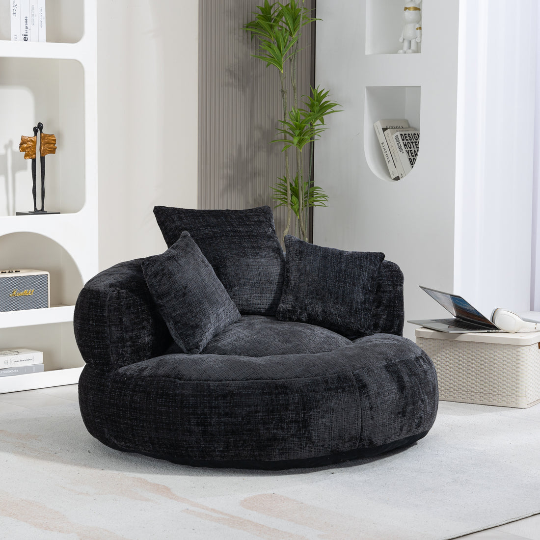 Coolmore Lazy Sofa Durable Comfort Lounger High Back Bean Bag Chair Couch With Three Pillows For Adults And Kids, Indoor & Outdoor, Single Gaming Sofa Chair For Bedroom,Office Black Chenille Black Foam Chenille 1 Seat