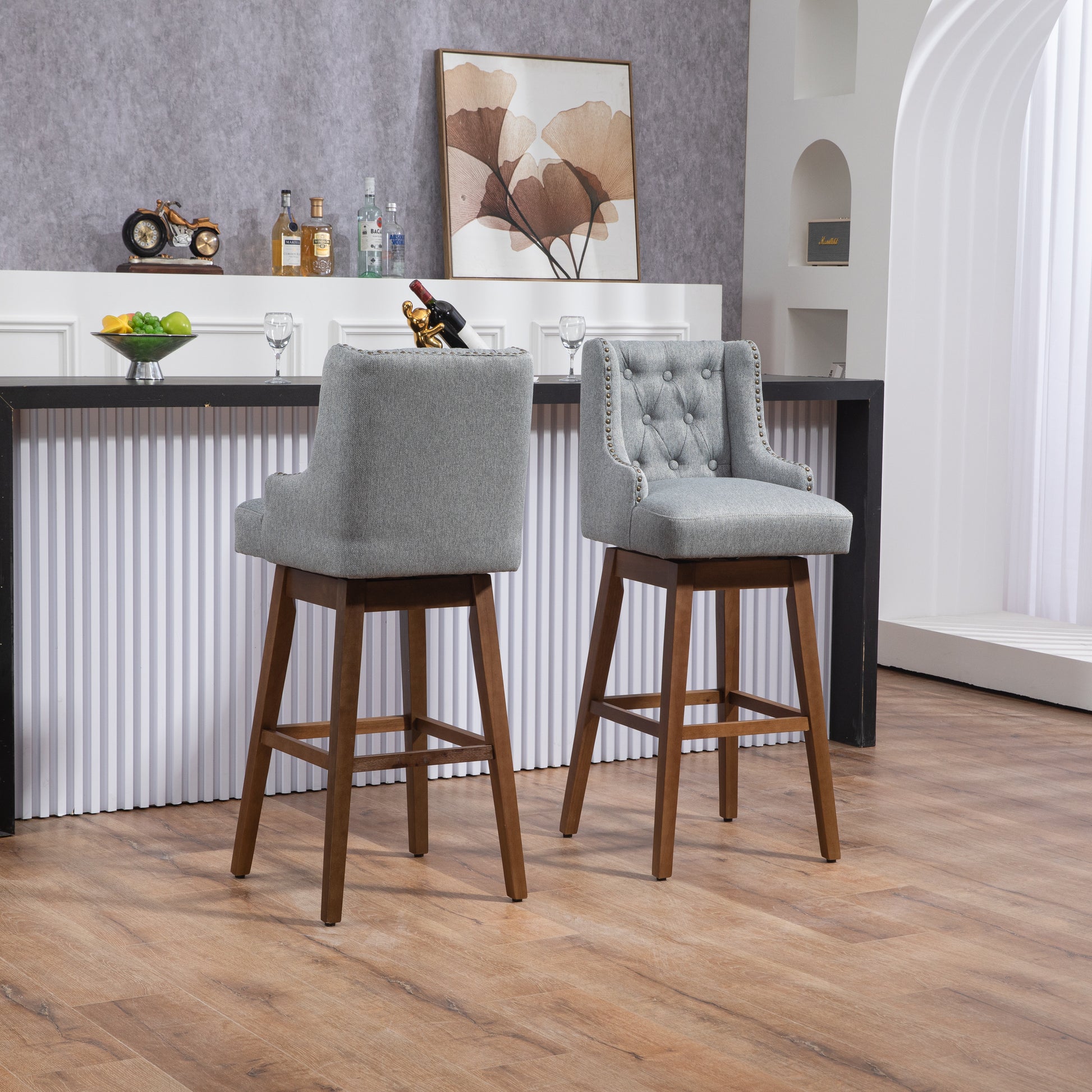 Coolmore Bar Stools Set Of 2 Counter Height Chairs With Footrest For Kitchen, Dining Room And 360 Degree Solid Wood Legs Swivel Bar Stools Set Of 2 Gary Linen Gray Foam Linen