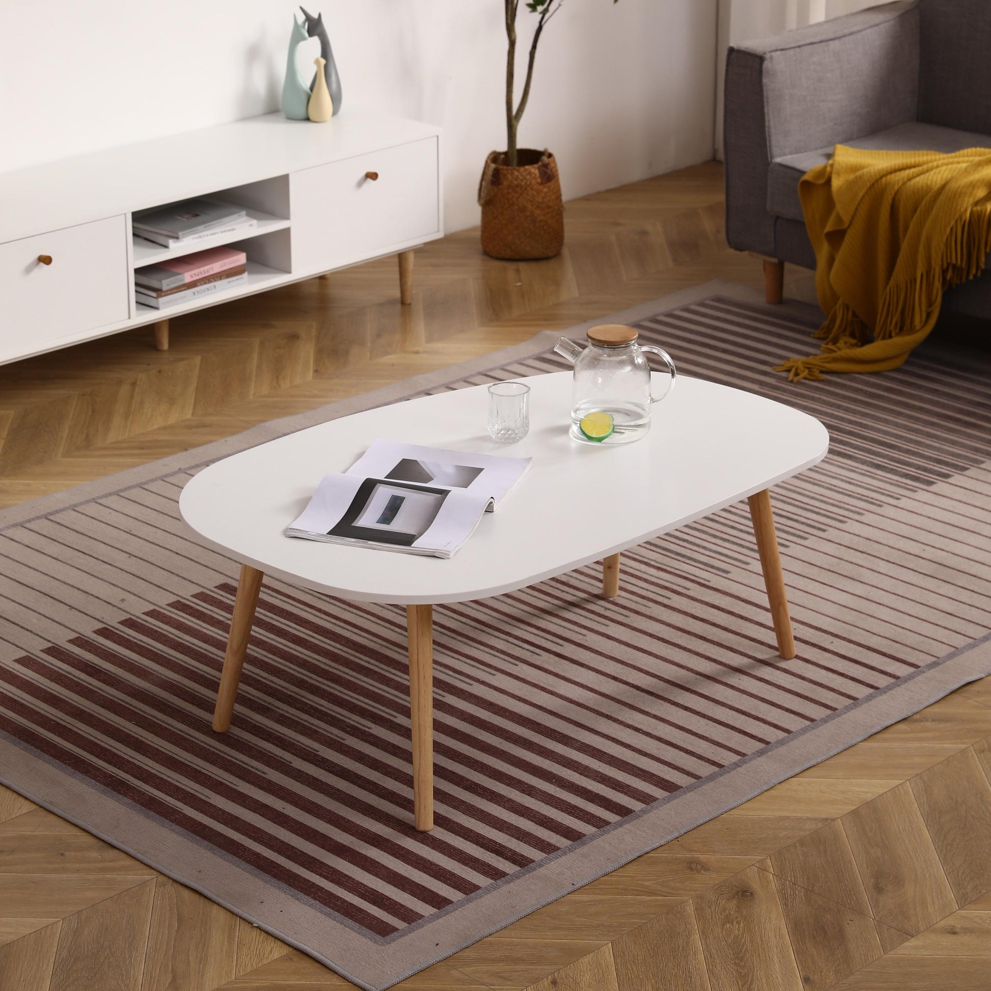 Arc Shaped Coffee Table White Oak White Primary Living Space Modern Rubberwood Oval Particle Board Particle Board